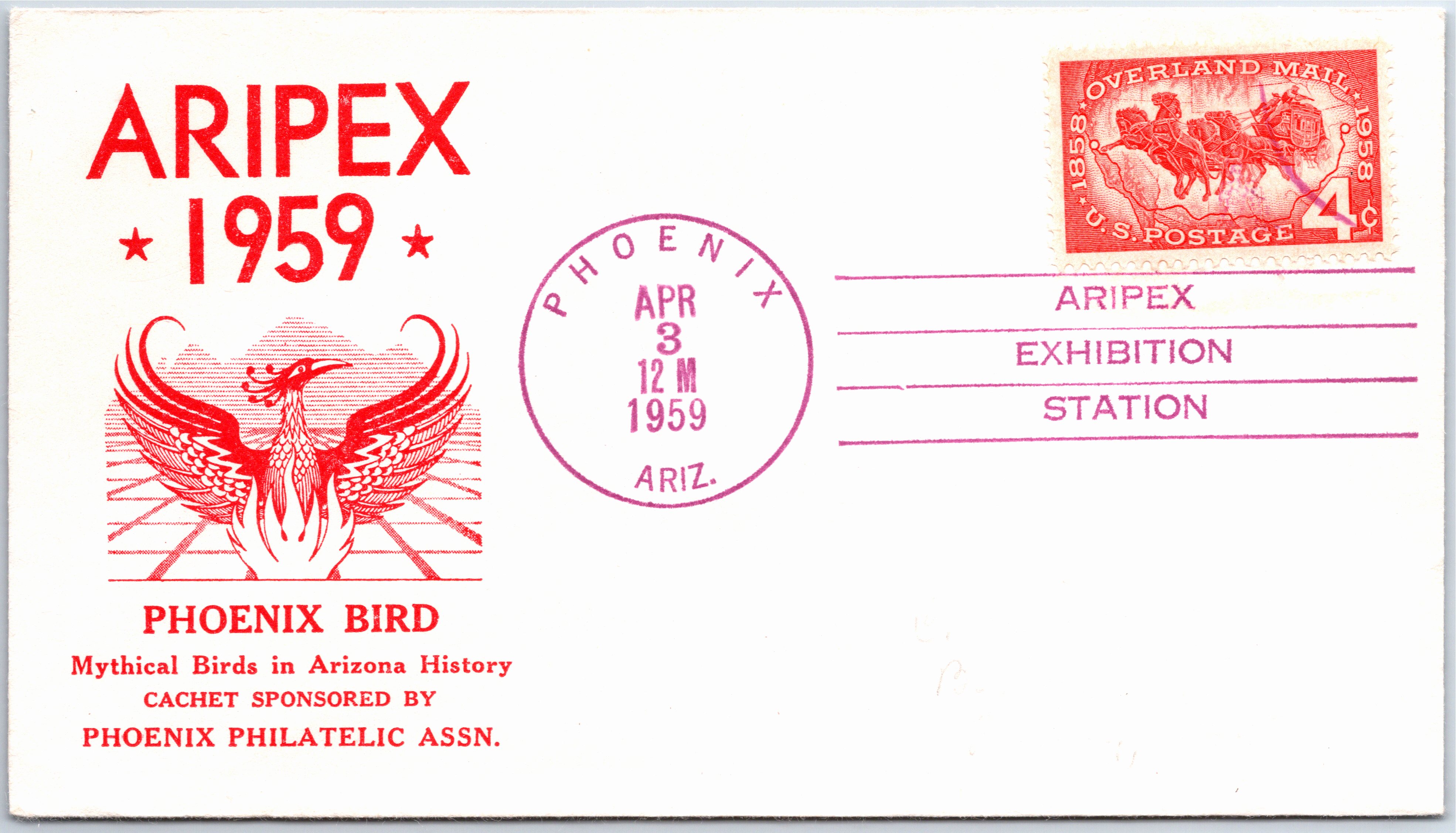 US SPECIAL EVENT COVER THE PHOENIX MYTHICAL BIRD IN ARIZONA HISTORY ARIPEX 1959 - Picture 1 of 2