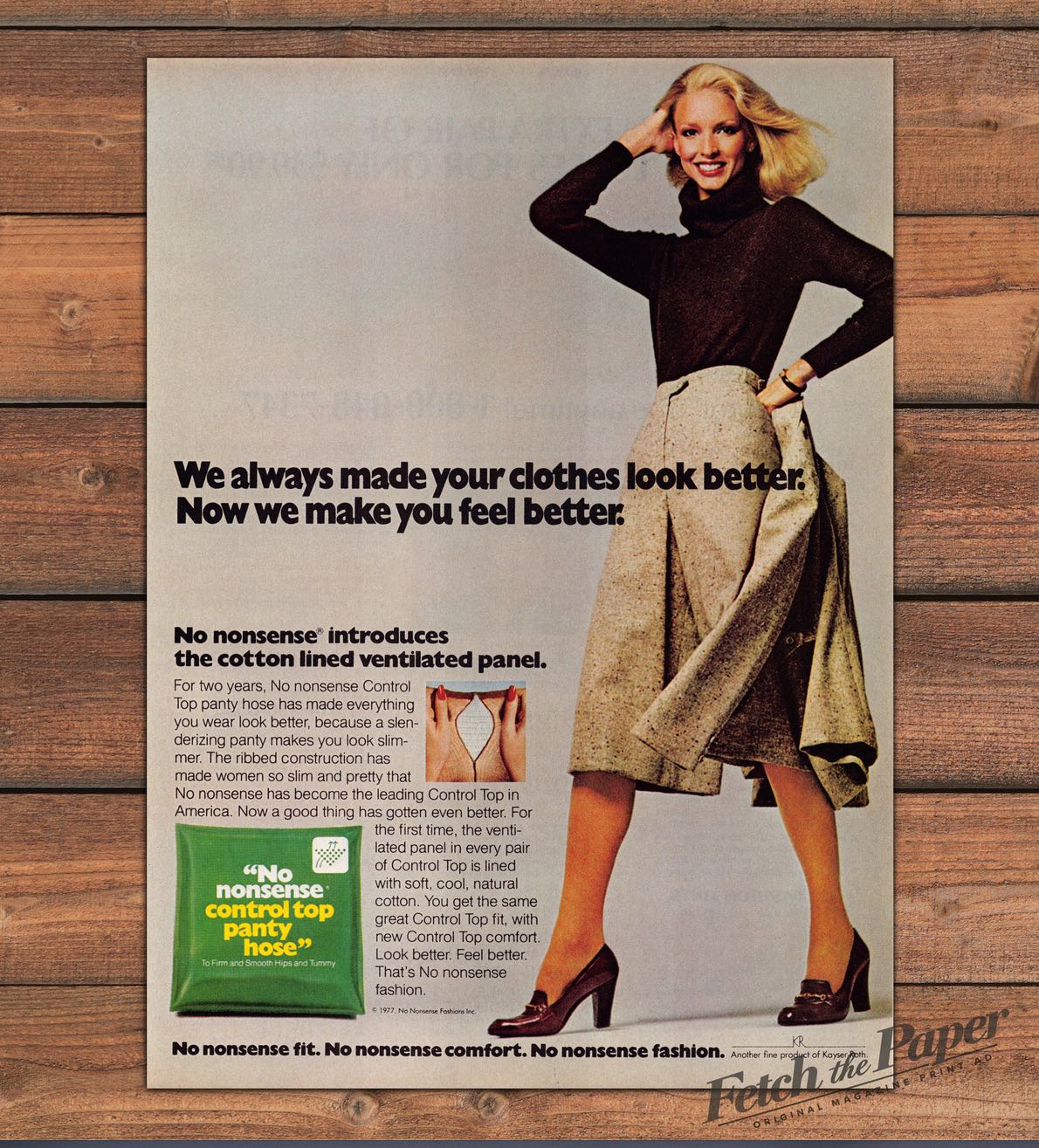 No Nonsense Control Top Pantyhose Ventilated Panel Cotton Print Ad 1977 1970s
