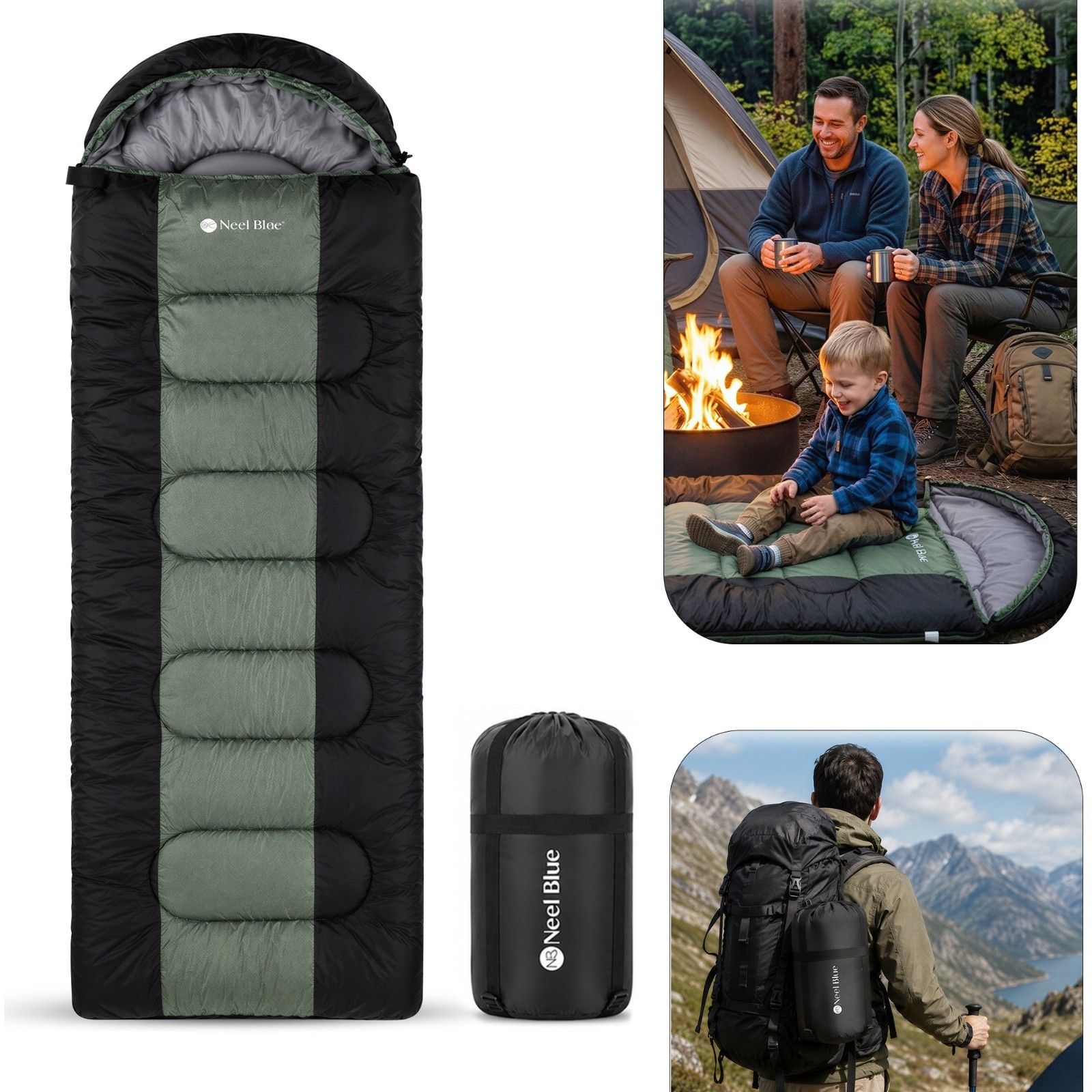 Sleeping Bag Camping 4 Season Adult 420GSM Warm Hooded Hiking Backpacking Travel