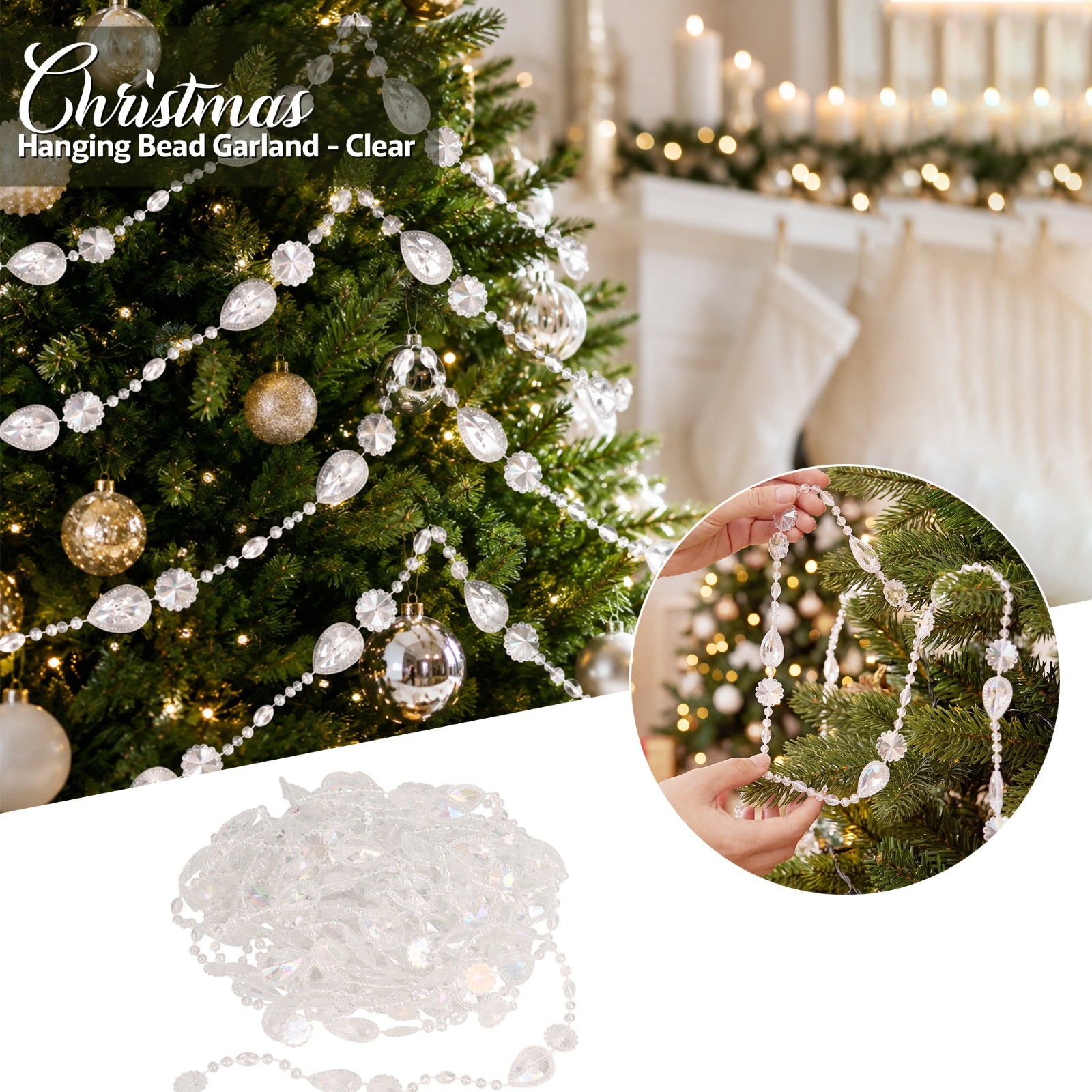 Christmas Garland Crystal Bead Clear 8M Leaf Hanging Tree Wedding Xmas Decor