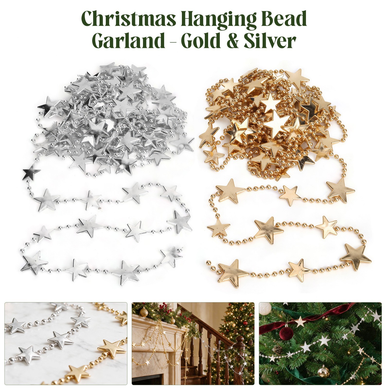 Christmas Garland Bead Garland Tree Hanging Decoration Gold Silver Star 2x4M