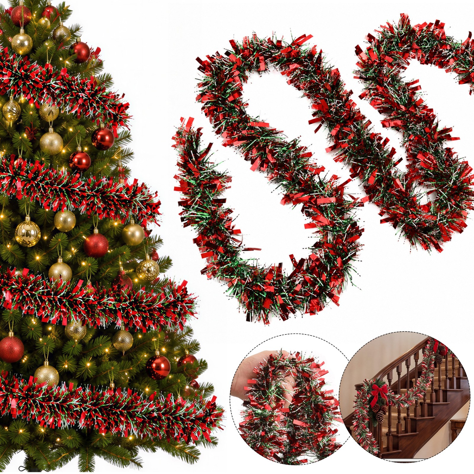 Christmas Tinsel Garland Metallic Wide Mixed Colour Xmas Tree Decorations 6pcs