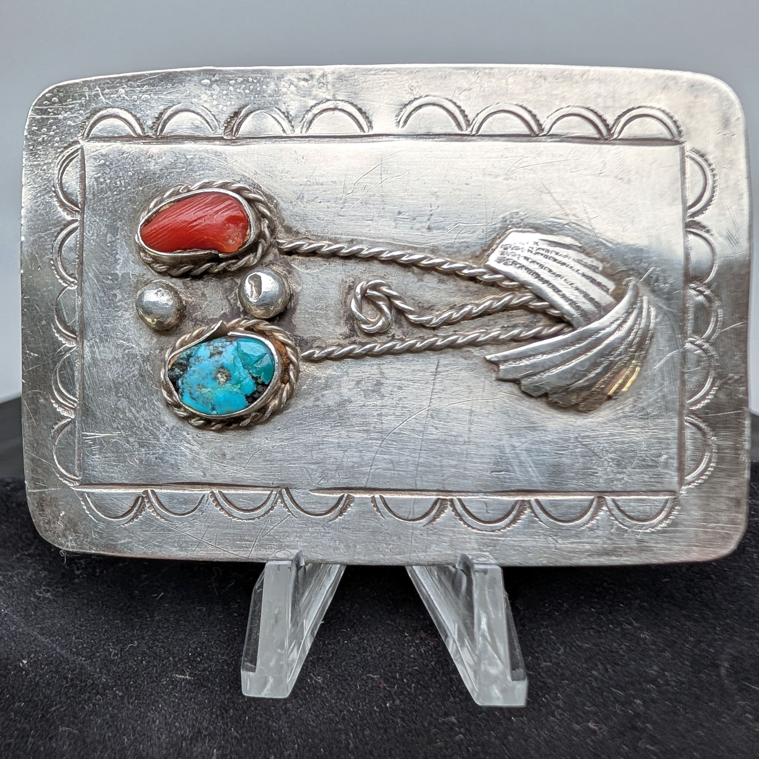 Navajo L.Y Belt Buckle 925 Sterling Silver Turquoise+Coral Signed Sz:1.5