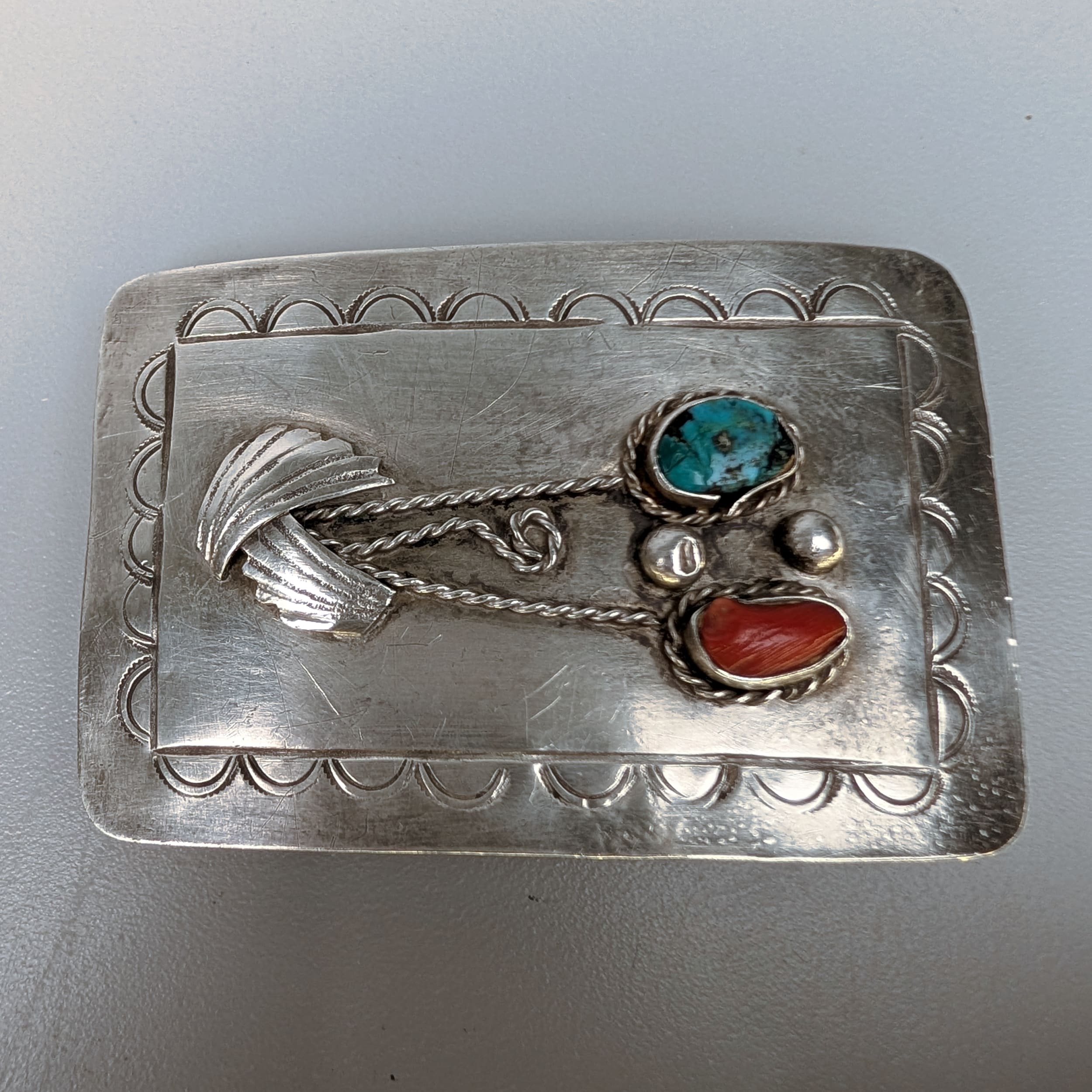 Navajo L.Y Belt Buckle 925 Sterling Silver Turquoise+Coral Signed Sz:1.5