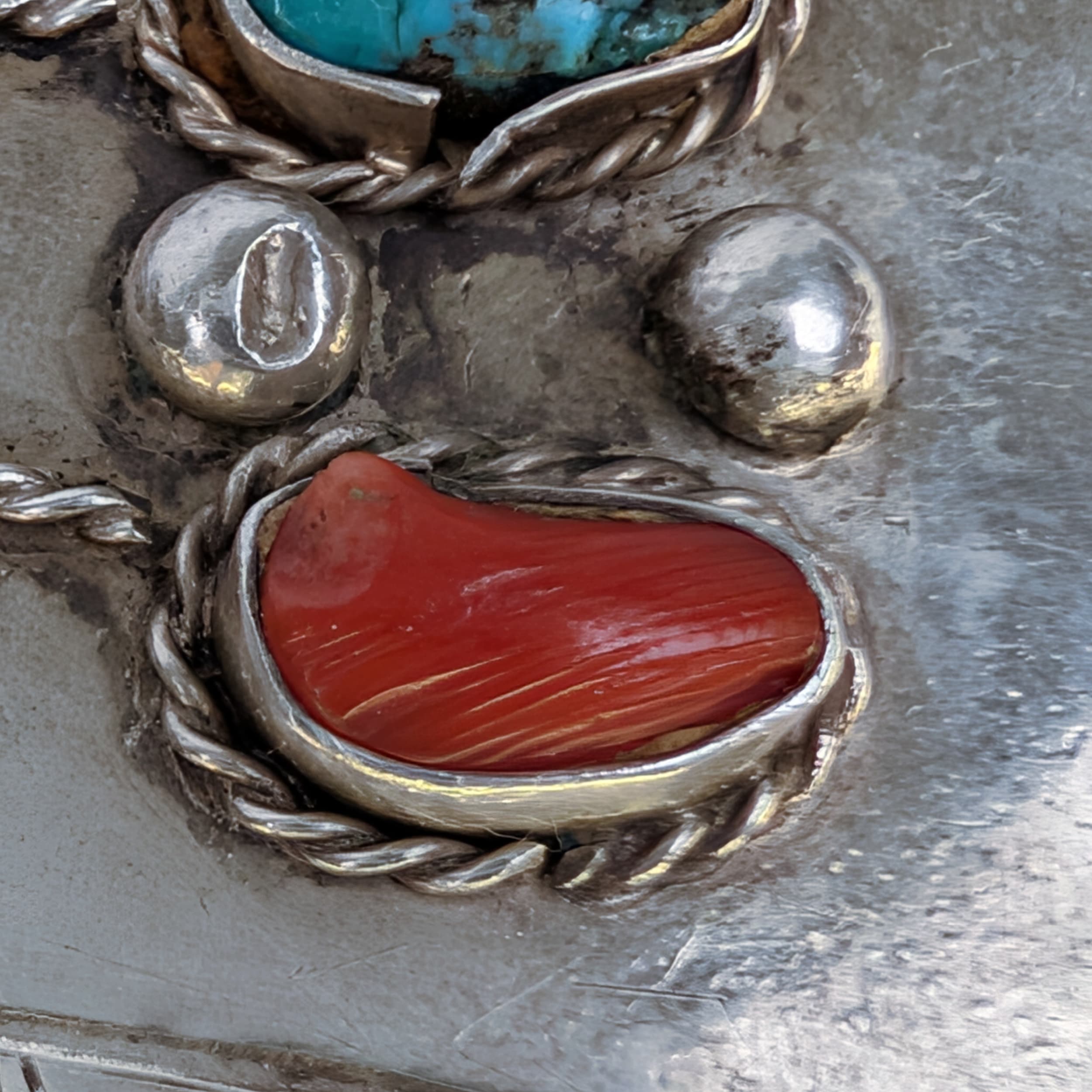 Navajo L.Y Belt Buckle 925 Sterling Silver Turquoise+Coral Signed Sz:1.5
