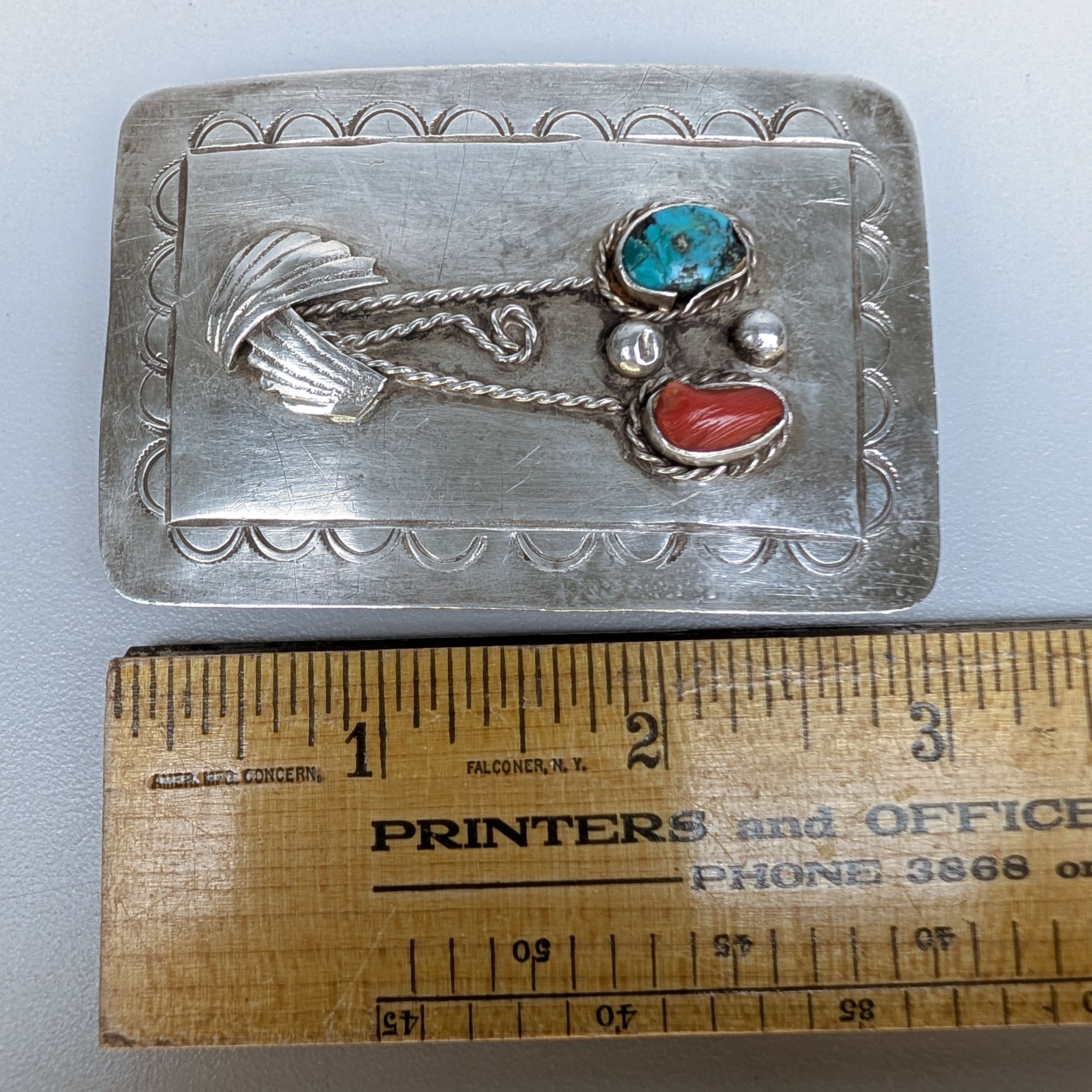 Navajo L.Y Belt Buckle 925 Sterling Silver Turquoise+Coral Signed Sz:1.5