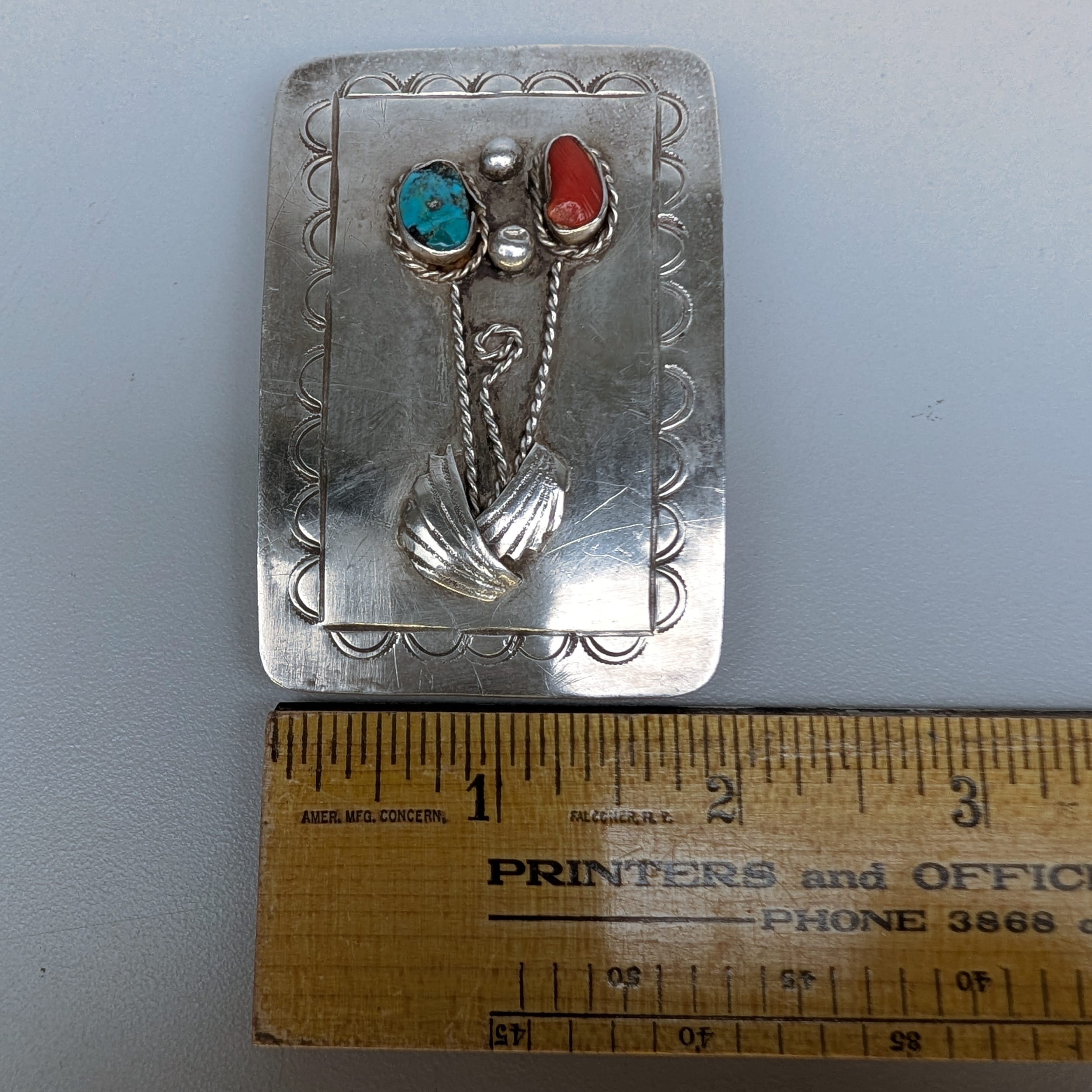 Navajo L.Y Belt Buckle 925 Sterling Silver Turquoise+Coral Signed Sz:1.5