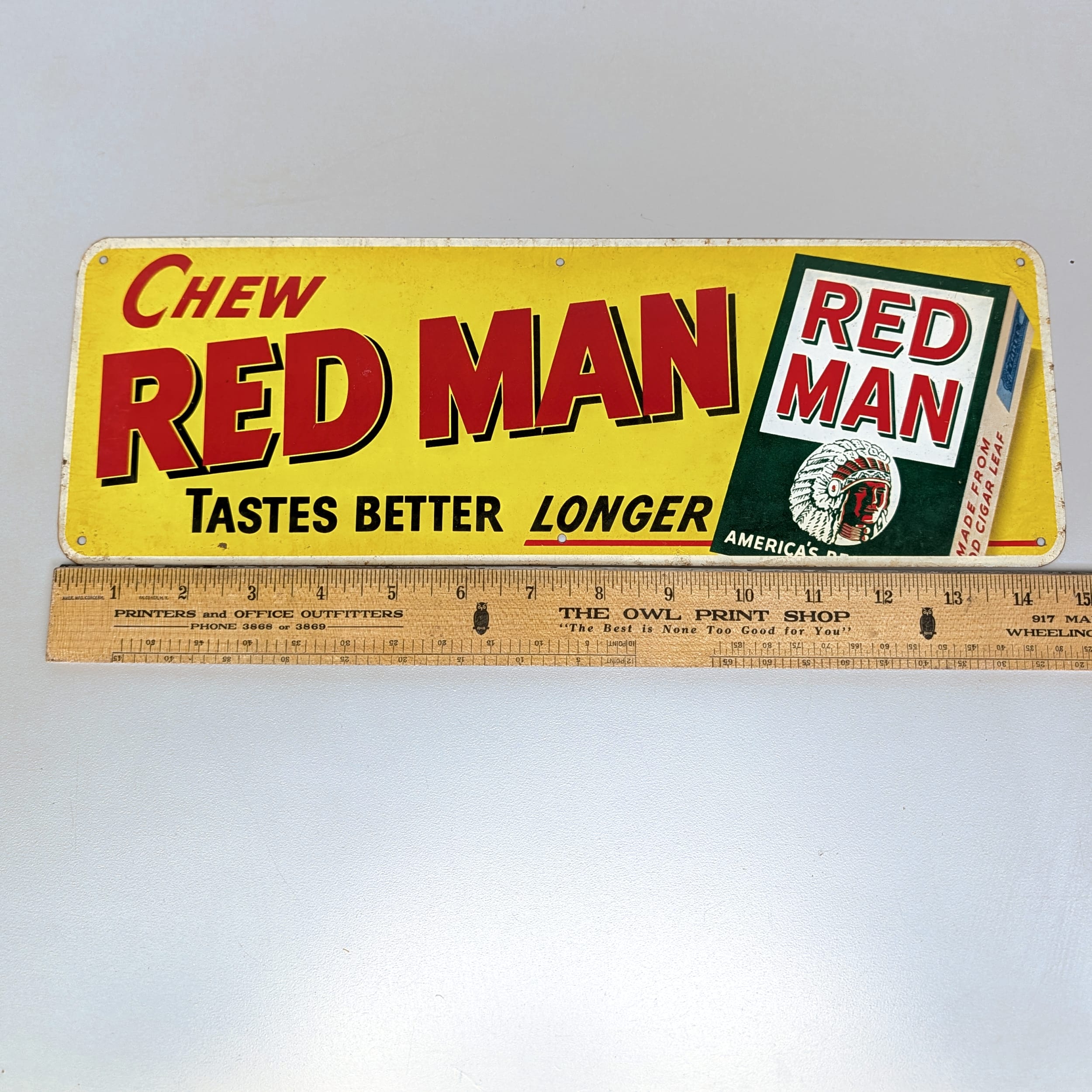 Red Man Chewing Tobacco 15" Tin Sign Vintage 1950s Gas Station Advertising