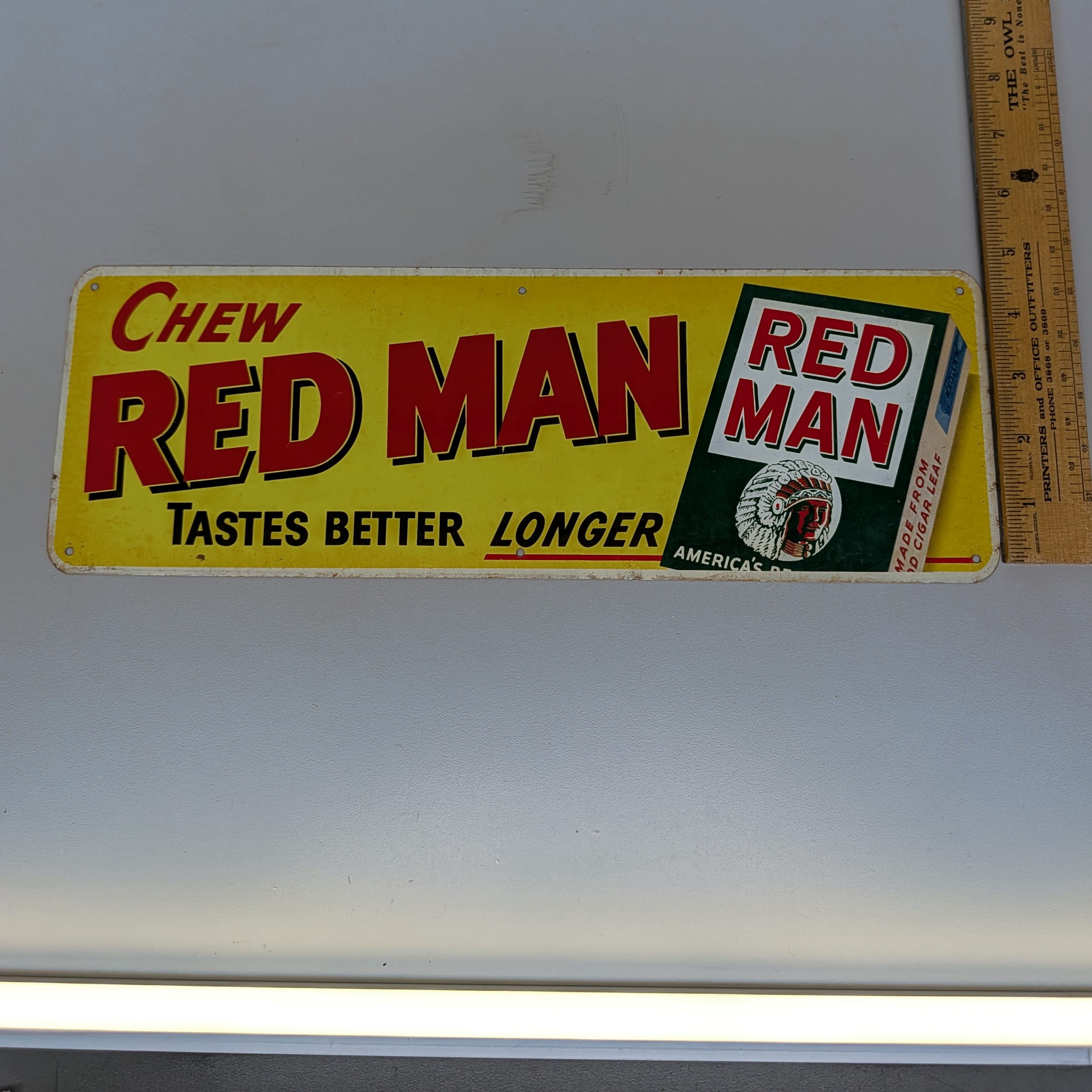 Red Man Chewing Tobacco 15" Tin Sign Vintage 1950s Gas Station Advertising