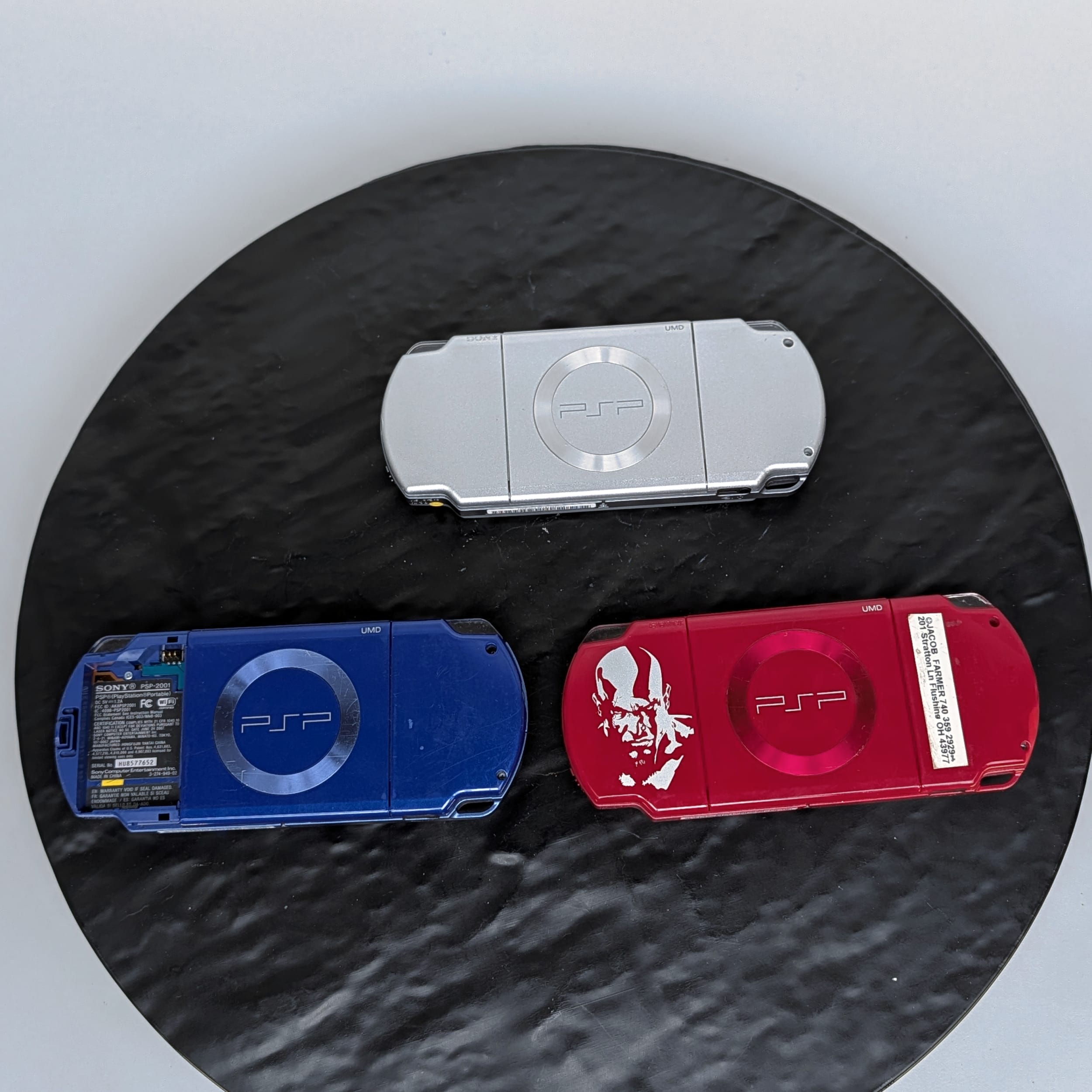 Sony PSP-2001 Handheld Lot Qty 3 God of War Red+Blue+Silver Parts/Repair π§