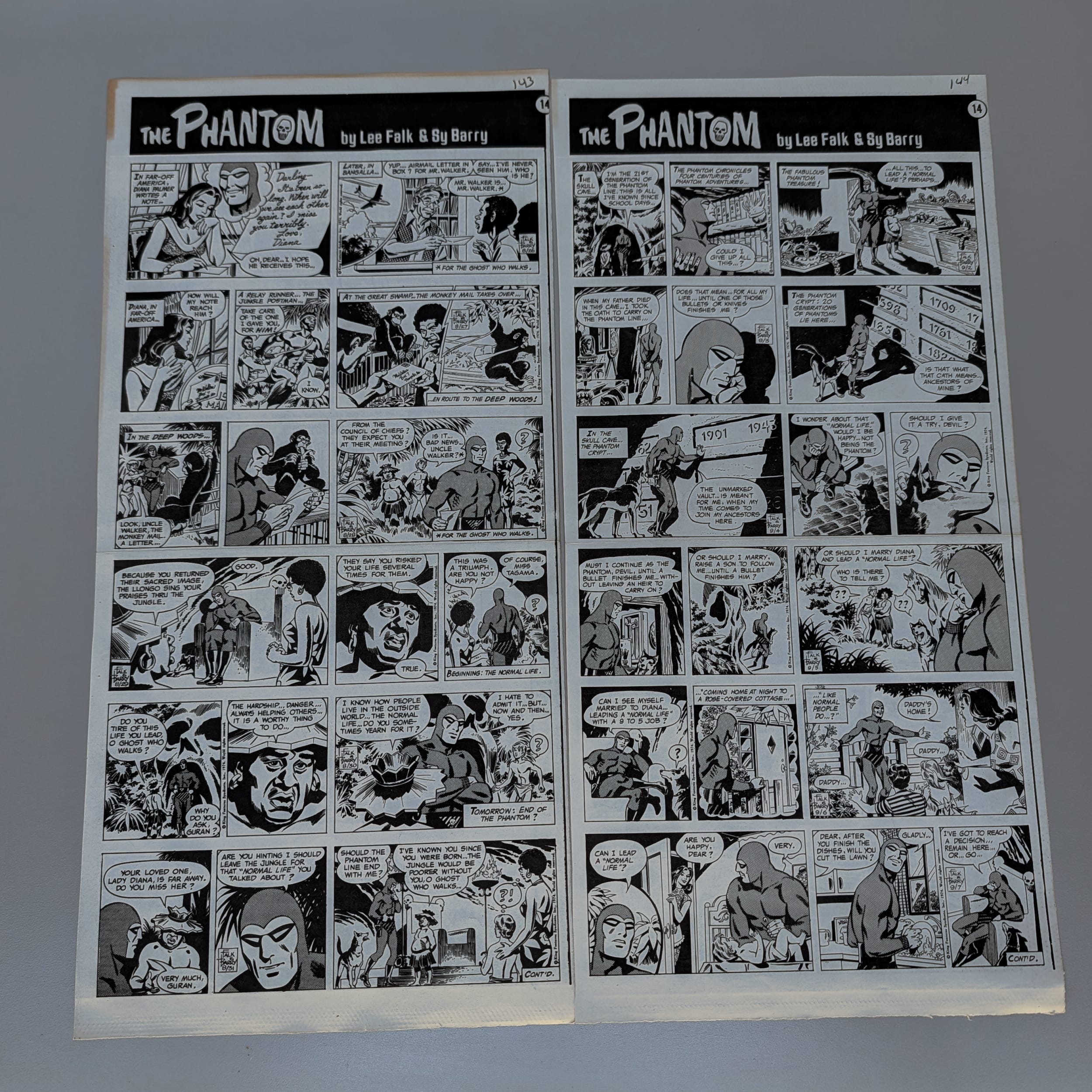 The Phantom Sunday Comic Strips 1974 Black & White Lot by Lee Falk & Sy Barry
