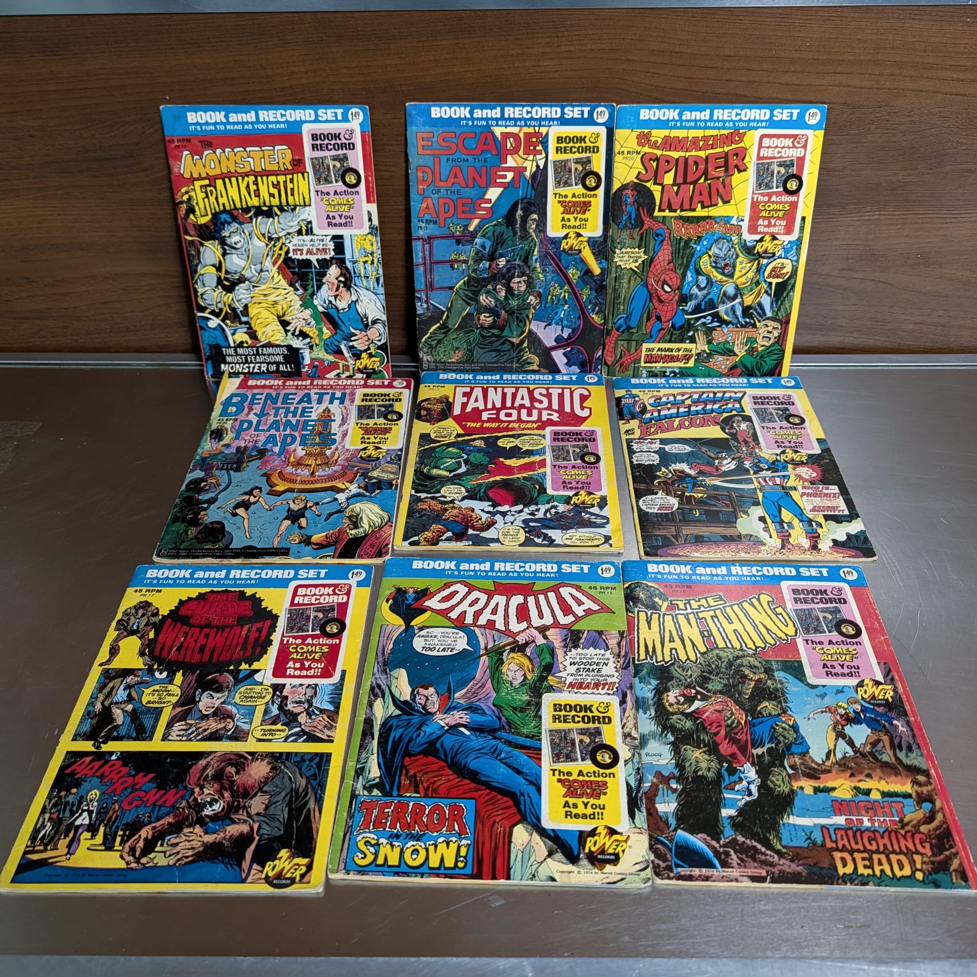 Power Records Comic Book & Record Lot:Spider-Man+Marvel+Apes+FF+Cap+Dracula