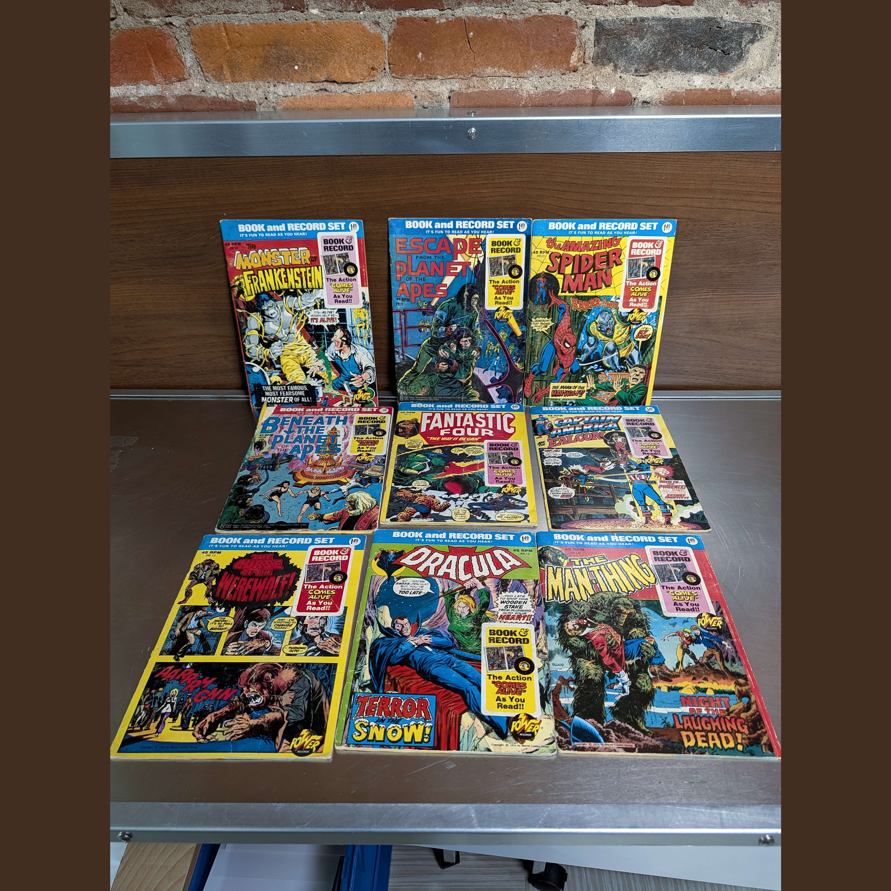 Power Records Comic Book & Record Lot:Spider-Man+Marvel+Apes+FF+Cap+Dracula