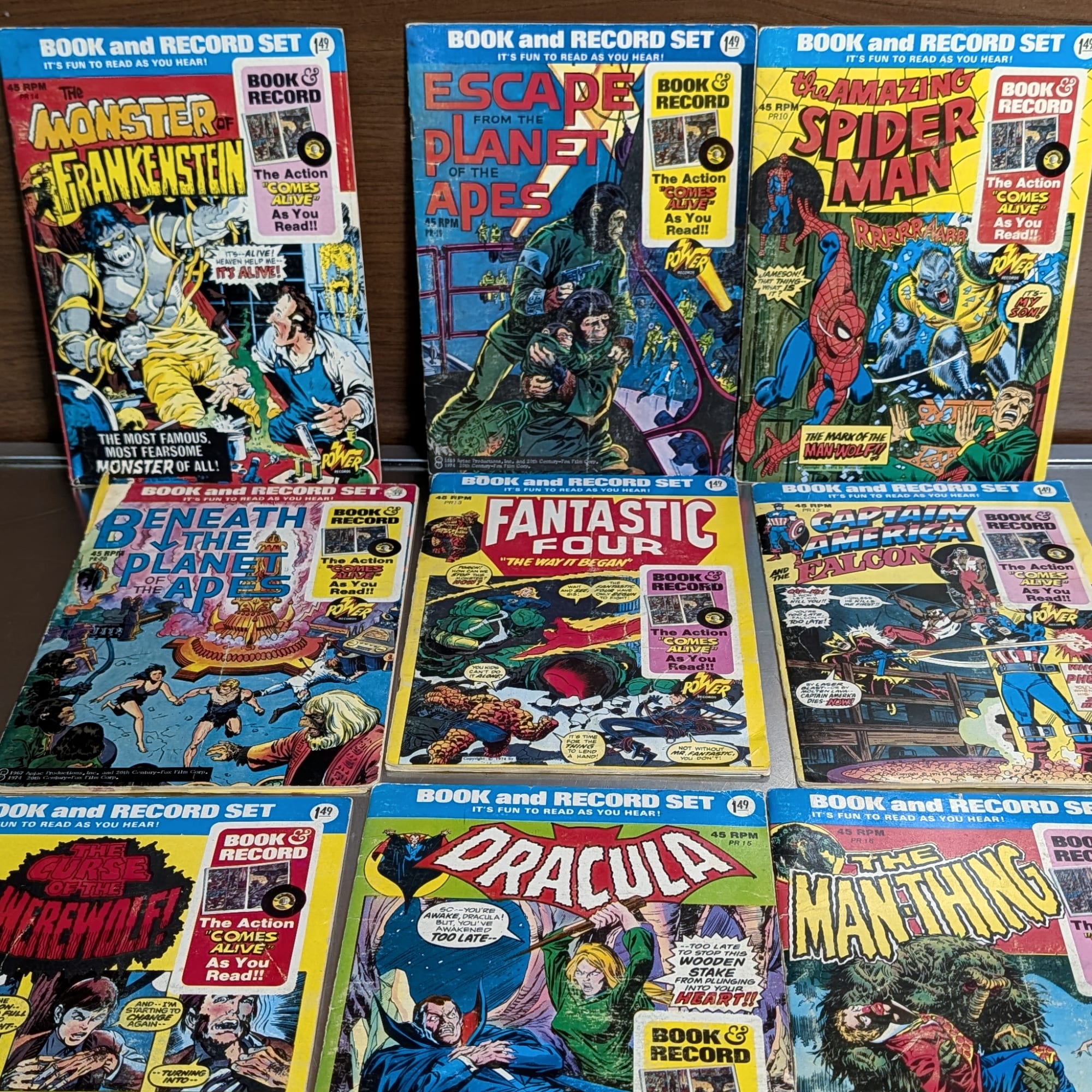 Power Records Comic Book & Record Lot:Spider-Man+Marvel+Apes+FF+Cap+Dracula