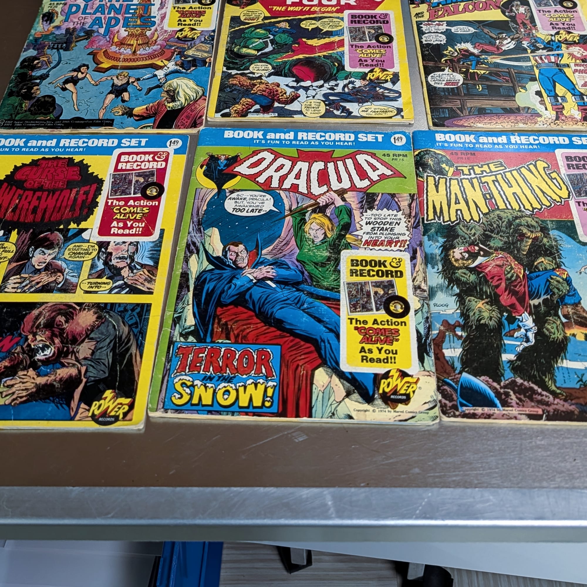 Power Records Comic Book & Record Lot:Spider-Man+Marvel+Apes+FF+Cap+Dracula
