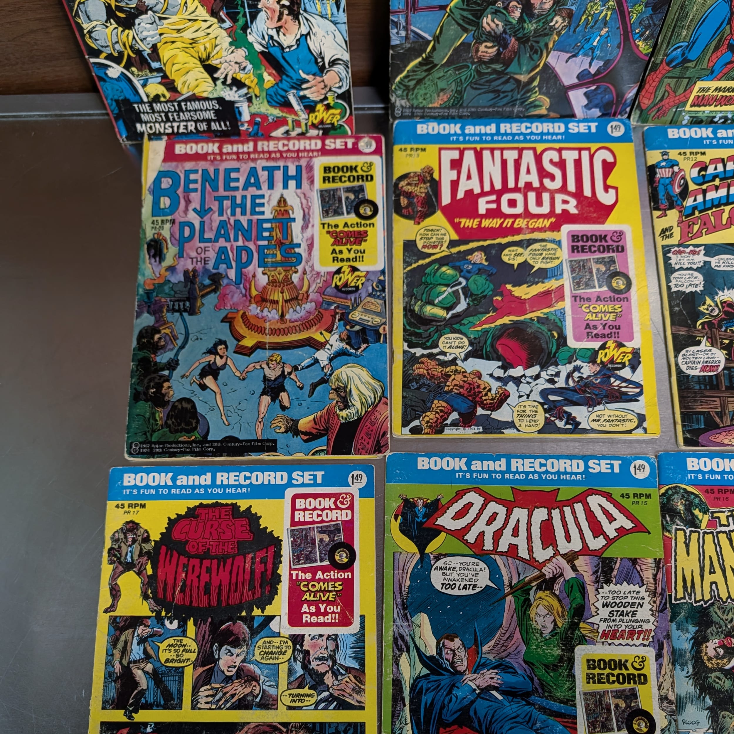 Power Records Comic Book & Record Lot:Spider-Man+Marvel+Apes+FF+Cap+Dracula
