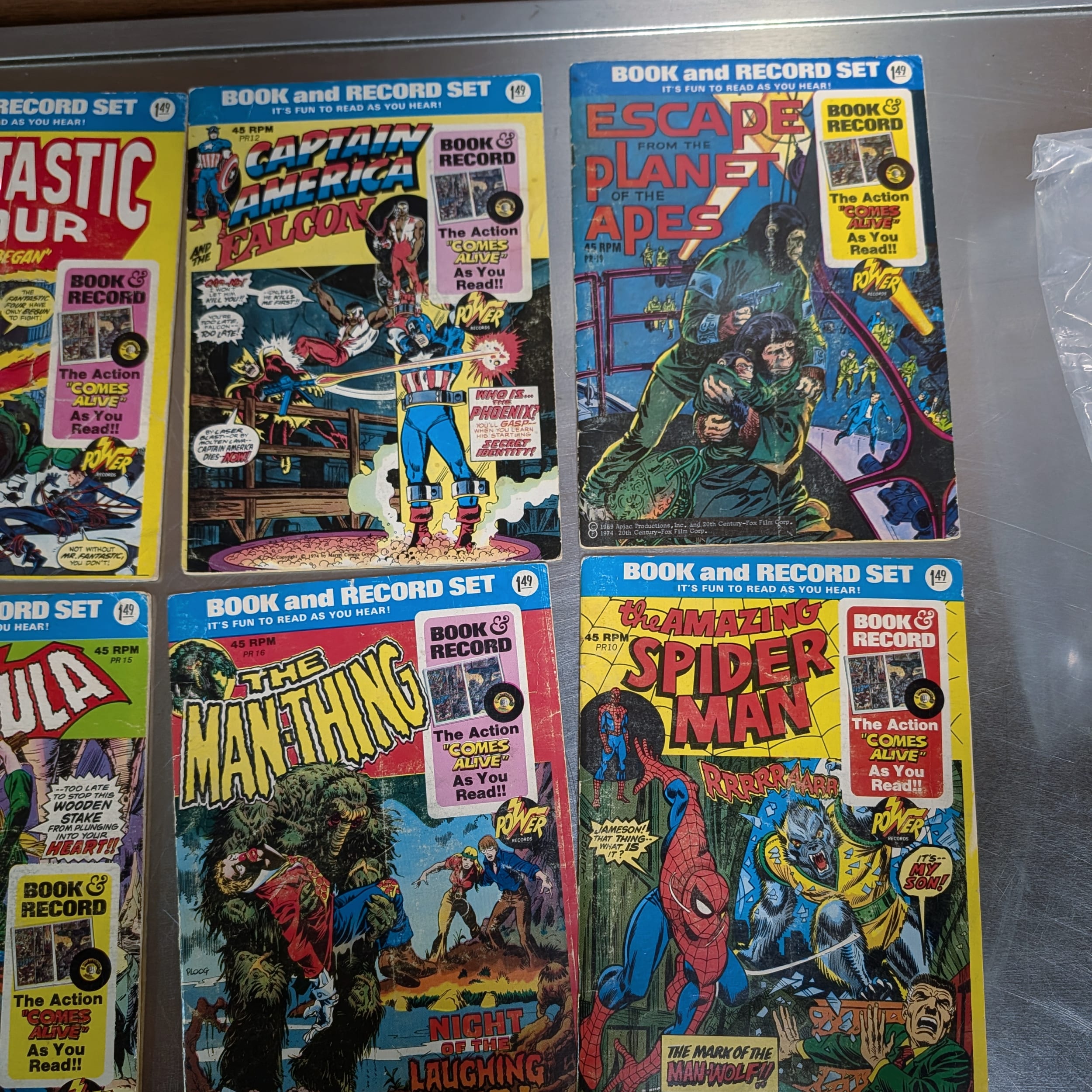 Power Records Comic Book & Record Lot:Spider-Man+Marvel+Apes+FF+Cap+Dracula