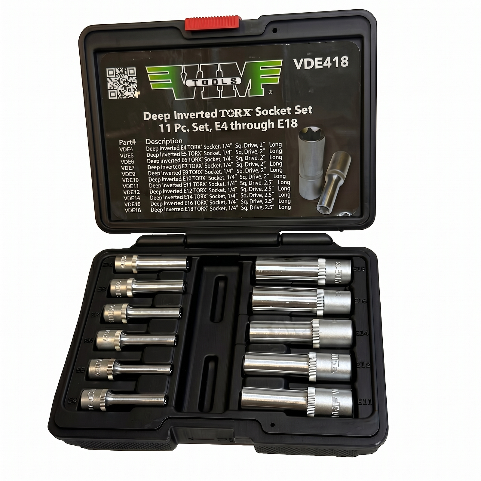 Vim Tools 11-Pc Deep External Torx Socket Set, E4-E18, 1/4 & 3/8 Drive