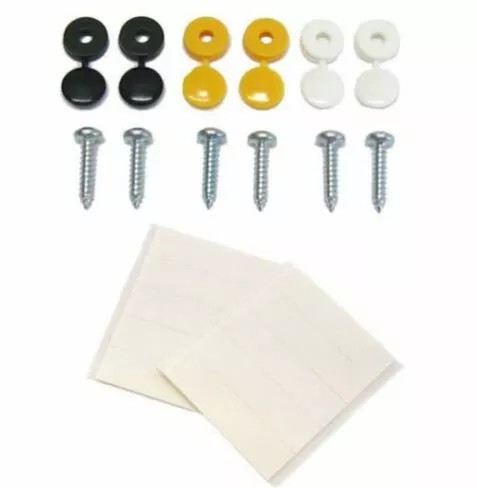 Number Plate Fittings 6 Pack screws with caps Black Yellow White 10 Sticky Pads