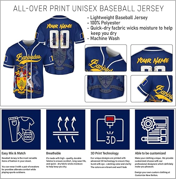 Custom Barbados Baseball Jersey Shirts Barbados Jersey for Men Women Bajan Flag - Picture 5 of 6