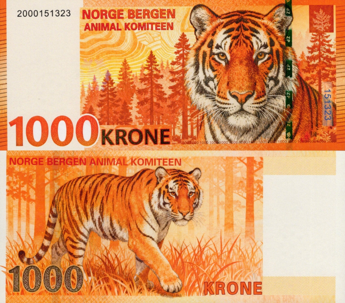 Norway TEST NOTE 1000 Tiger Banknote Animal COMM. Note World Money UNC