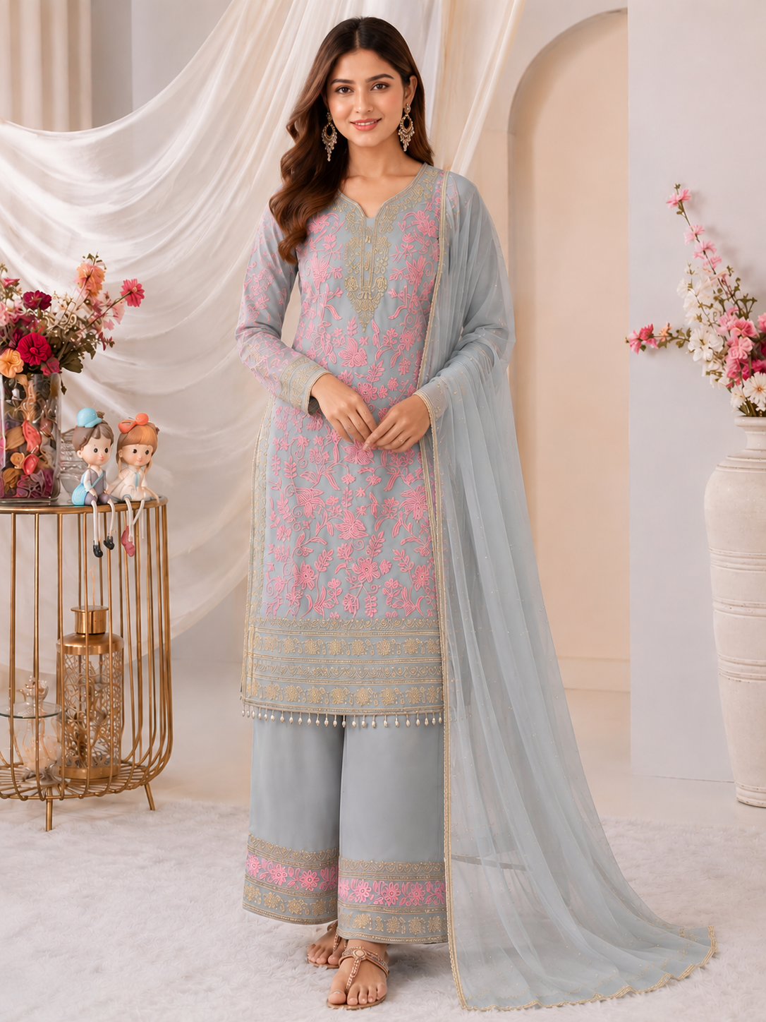 Indian Pakistani Faux Georgette Salwar Kameez Palazzo Suit Organza Dupatta