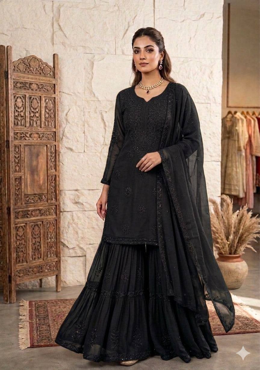 Indian Pakistani Georgette Kurta Sharara Set Women Embroidered Party Wear