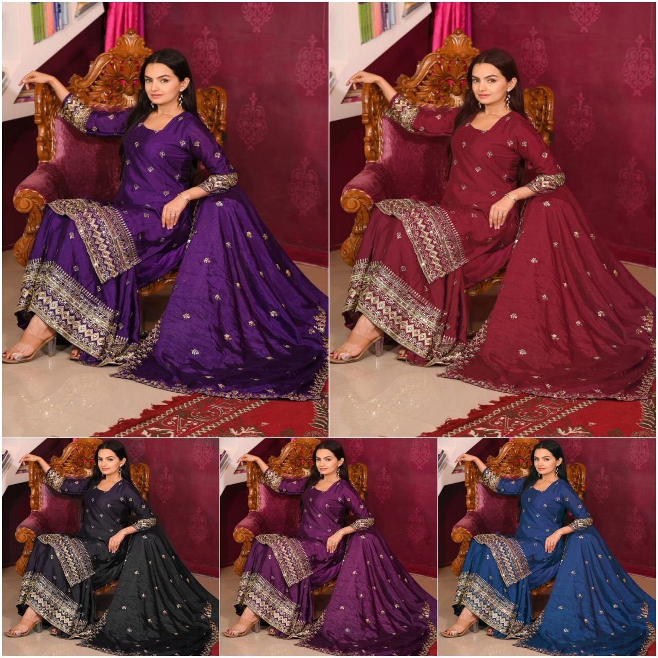 Women's Ready to Wear Chinon Top Sharara Dupatta Set with Sequence Embroidery Wo