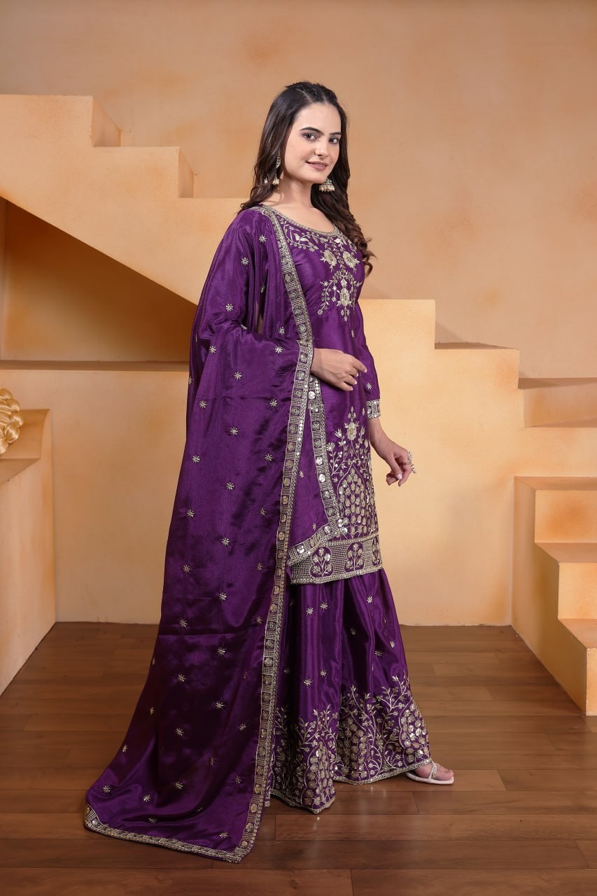 Women's Ready to Wear Chinon Top Sharara Dupatta Set with Sequence Embroidery Wo