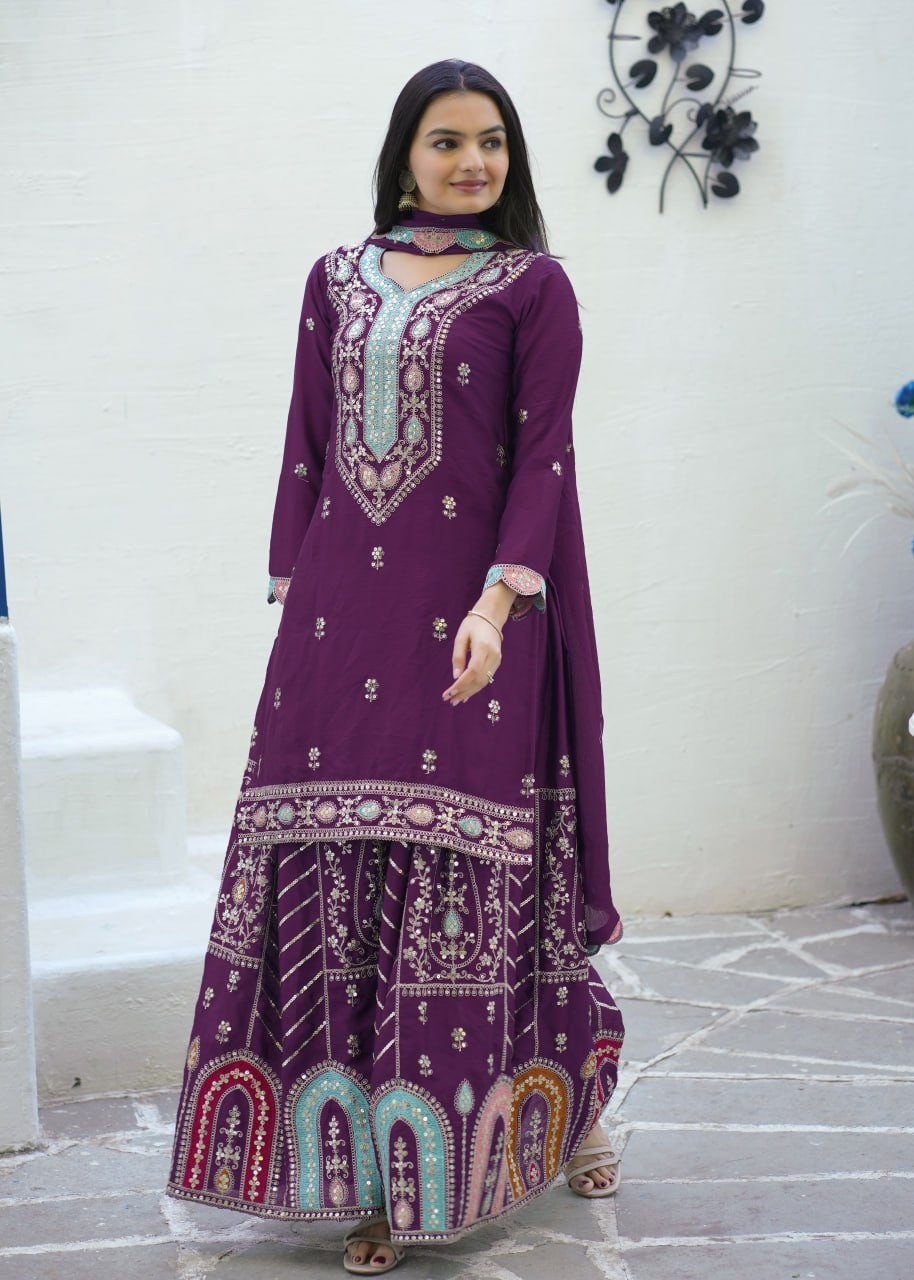 Women’s Ready To Wear Chinon Suit Sharara Dupatta Set Coding Sequin Embroidery W