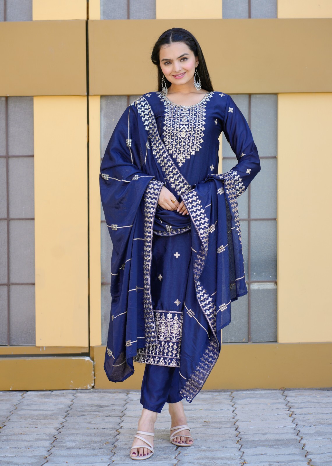 Women's Ready to Wear Chinon Top Pant Dupatta Set with Heavy Coding Sequence Emb