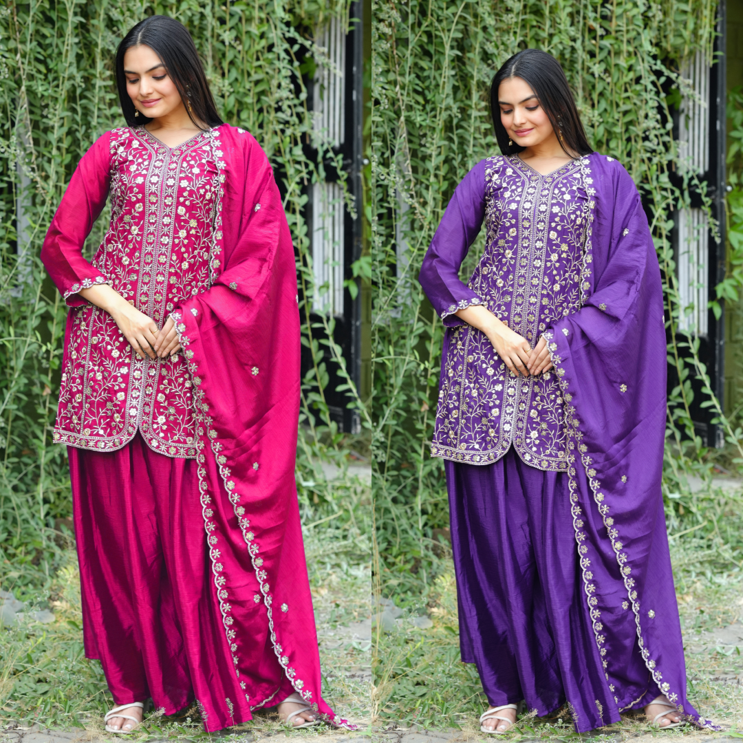 Women's Ready to Wear Chinon Top Sharara Dupatta Set with Sequence Embroidery Wo