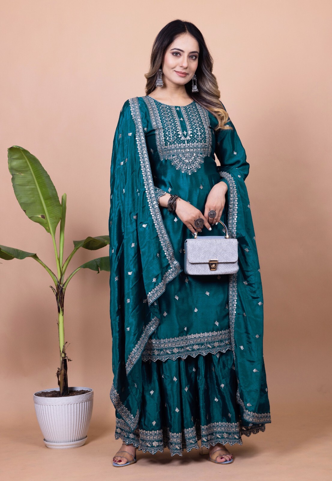 Women's Ready to Wear Chinon Top Sharara Dupatta Set with Sequence Embroidery Wo