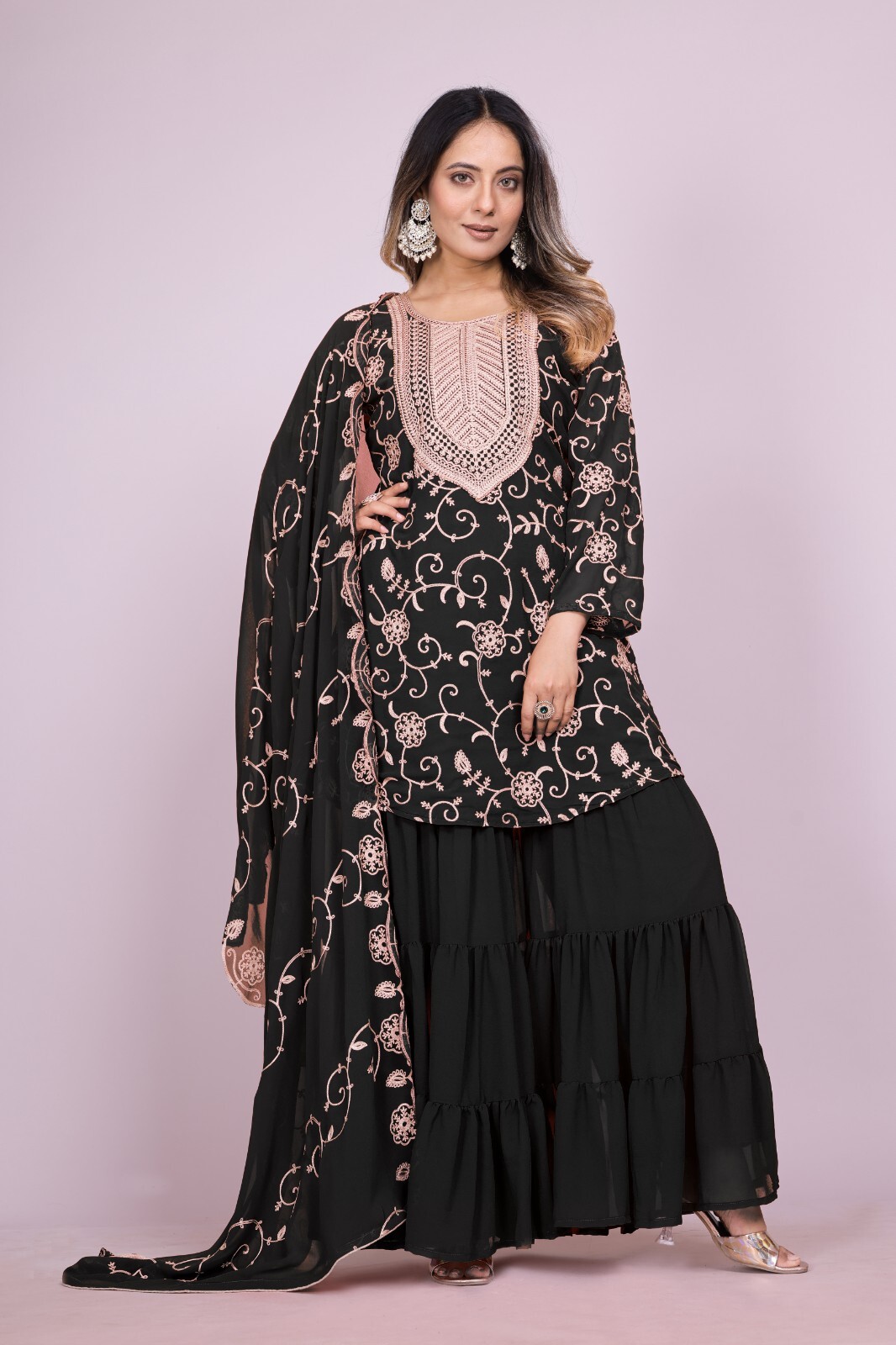 Women's Ready To Wear Fox Georgette Top Sharara Dupatta Set Heavy Embroidery Wor