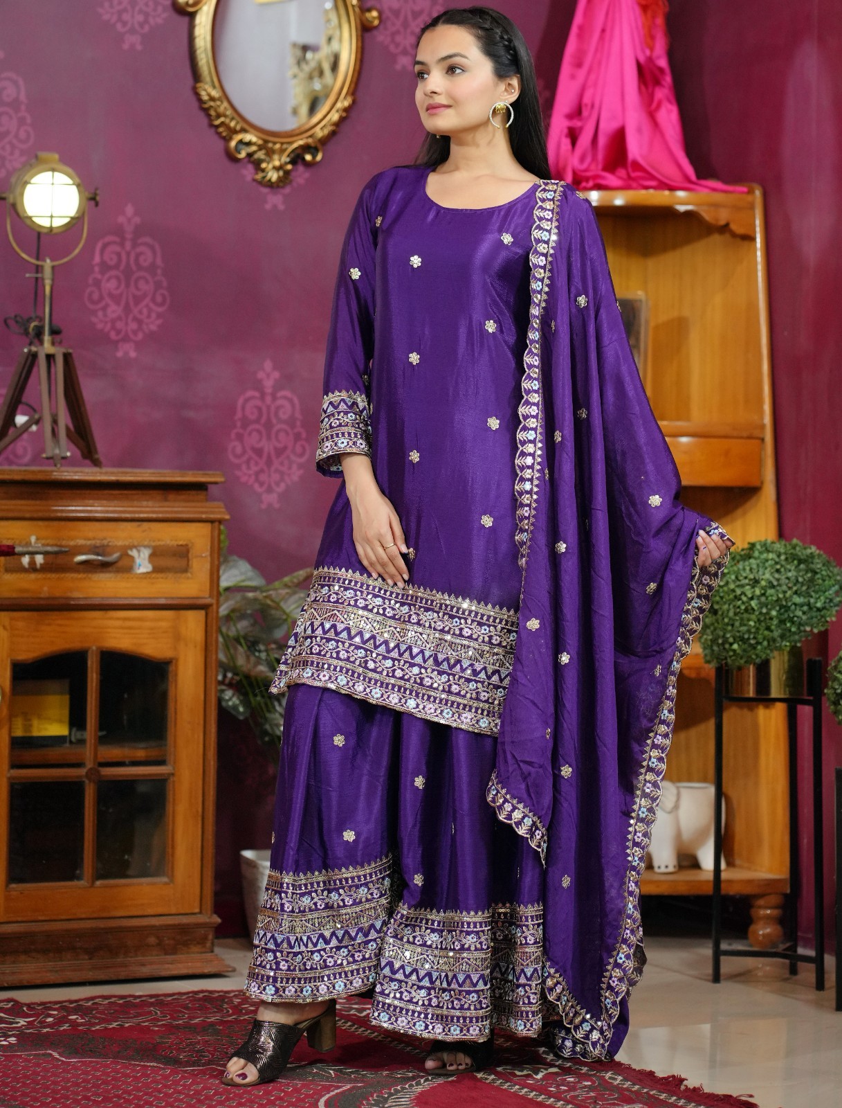 Women's Festive Wear Chinon Sharara Suit Set Ready To Wear Embroidery Work