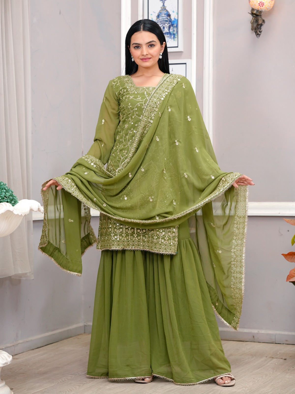 Women's Heavy Work Fox Georgette Sharara Suit Dupatta Set With Sequence Embroide