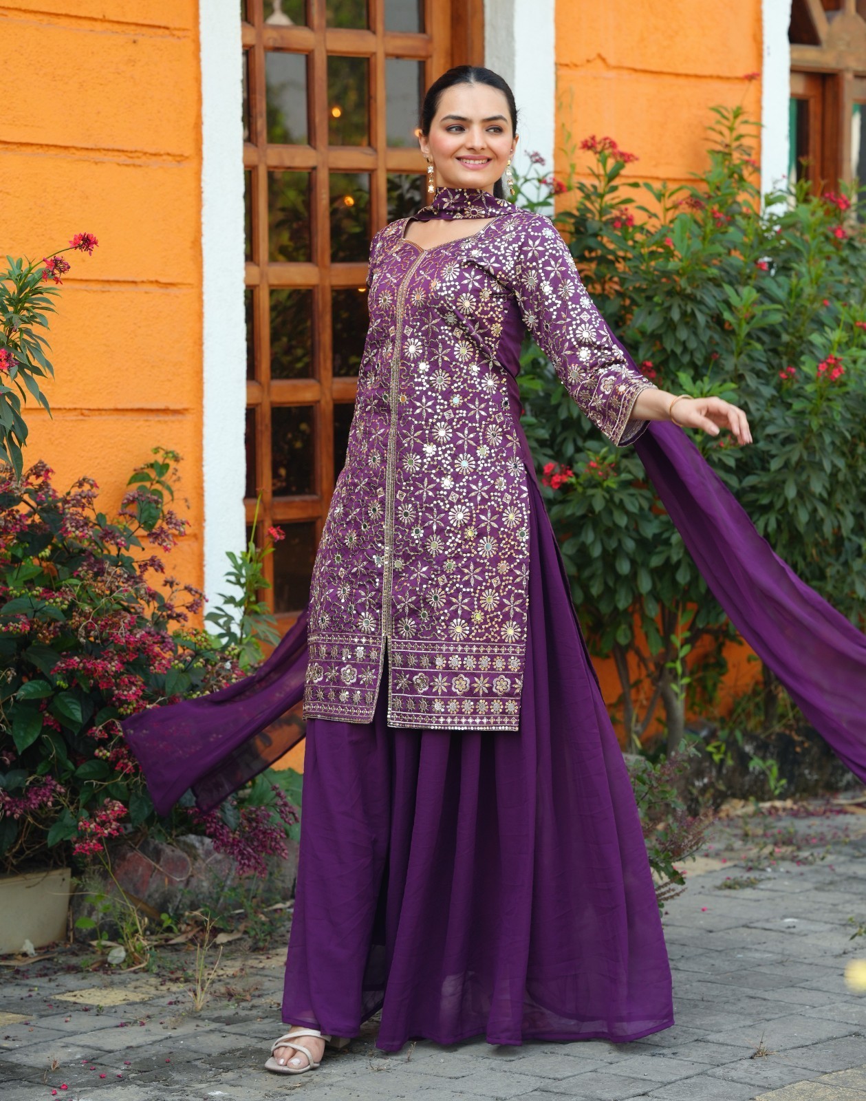Women's Ready to Wear Tapeta Silk Top Sharara Dupatta Set with Sequence Embroide