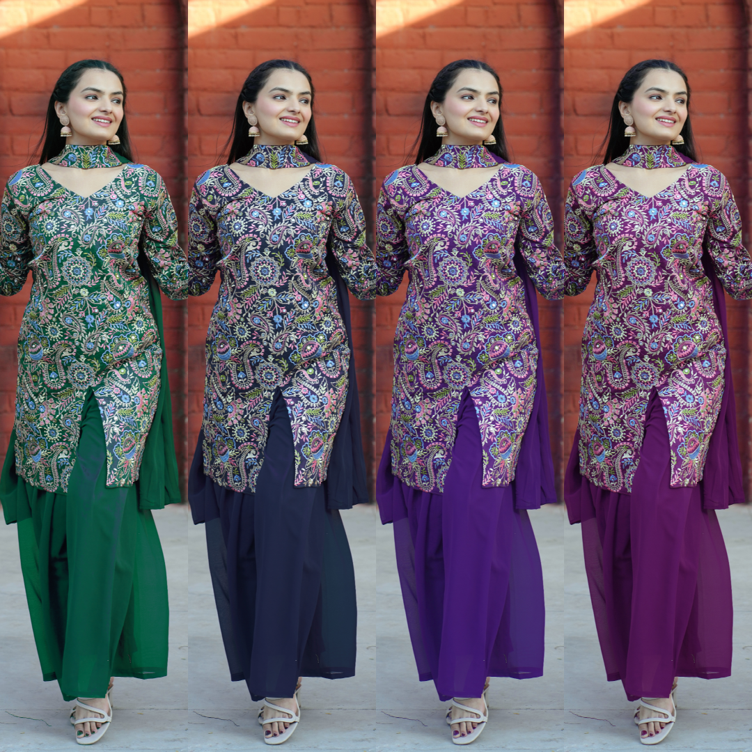 Women's Ready to Wear Tapeta Silk Top Sharara Dupatta Set with Sequence Embroide