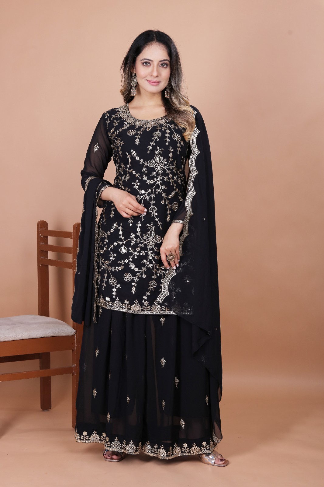Women's Ready to Wear Fox Georgette Top Sharara Dupatta Set with Sequence Embroi