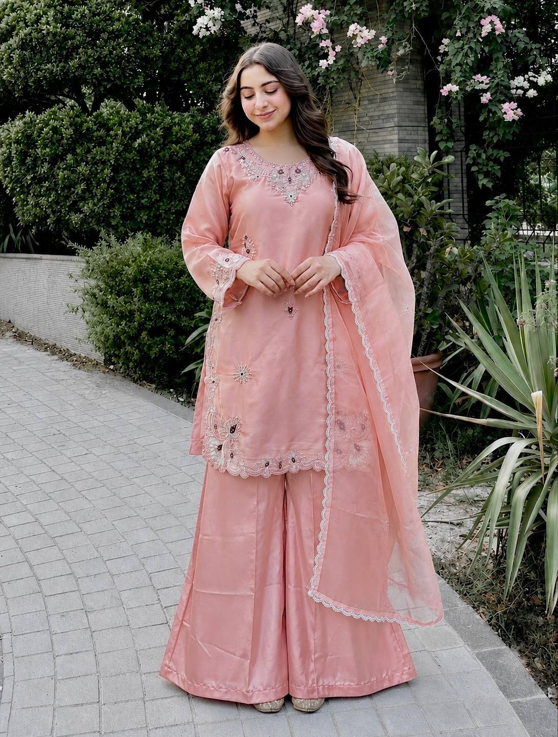Women's Ready to Wear Pure Devsena Silk Top Palazzo Dupatta Set with Stone Handw