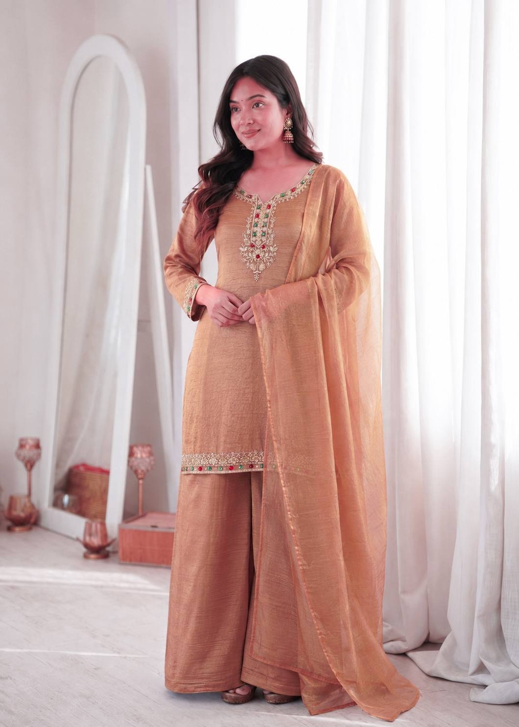 Women's Ready to Wear Pure Salsa Silk Top Palazzo Dupatta Set with Embroidery Se