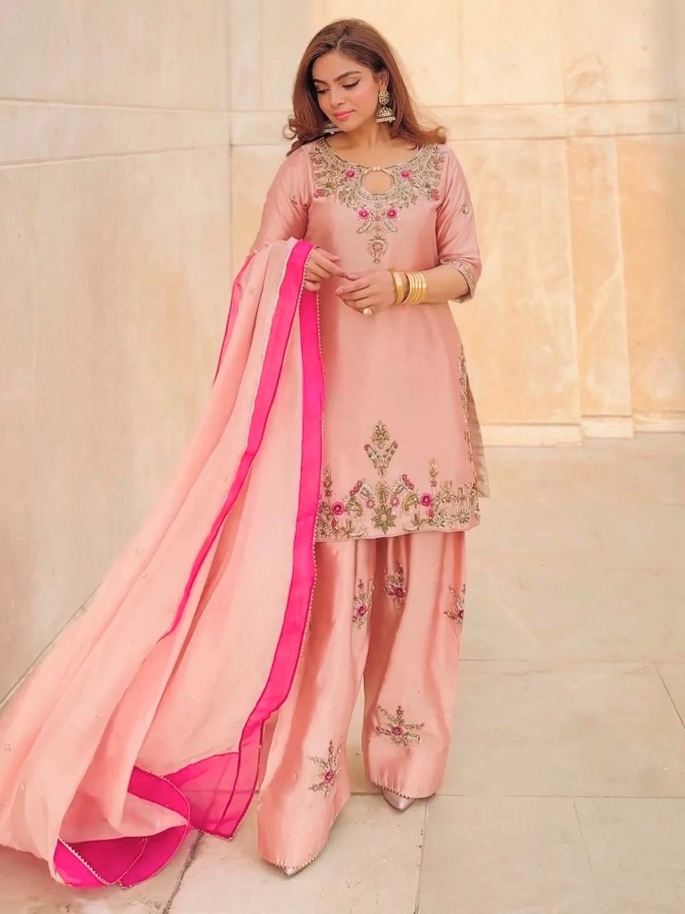 Women's Ready to Wear Pure Devsena Silk Top Farshi Salwar Dupatta Set with Embro