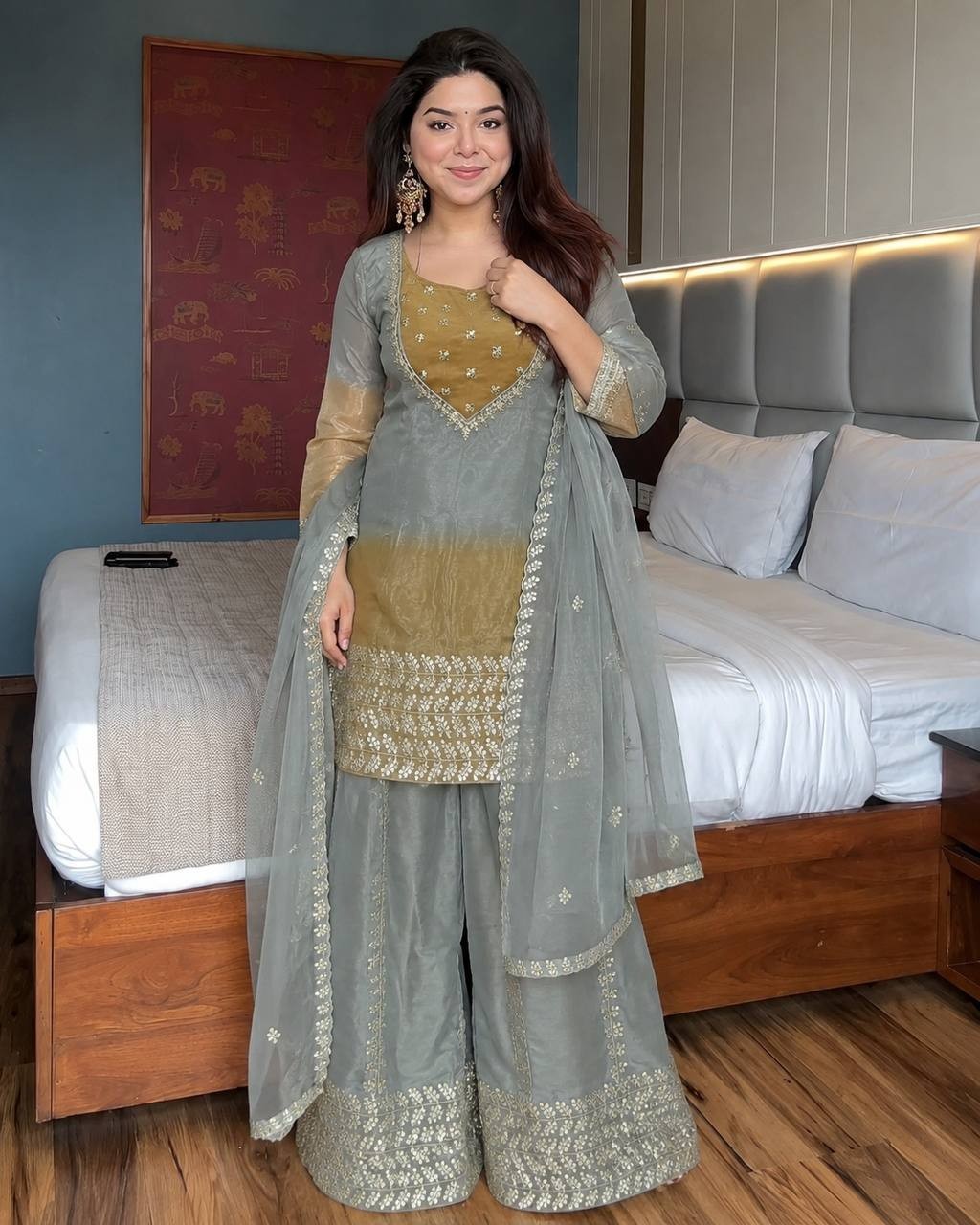 Women's Ready to Wear Pure GMY Silk Top Choli Palazzo Dupatta Set with Embroider