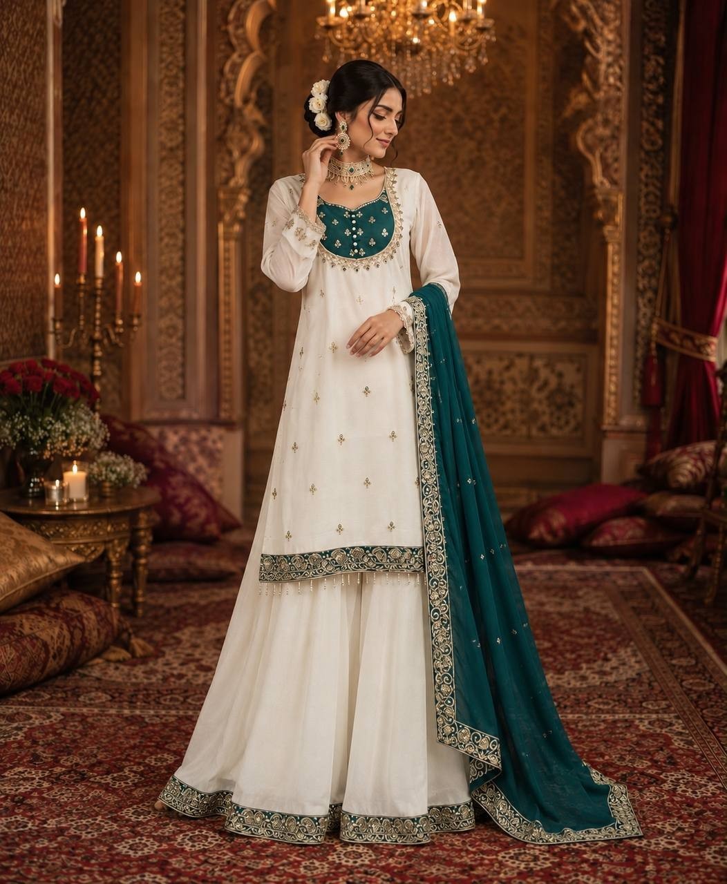Ready to Wear Women's Pure Chinon Silk Top Palazzo Dupatta Set Sequin Embroidery