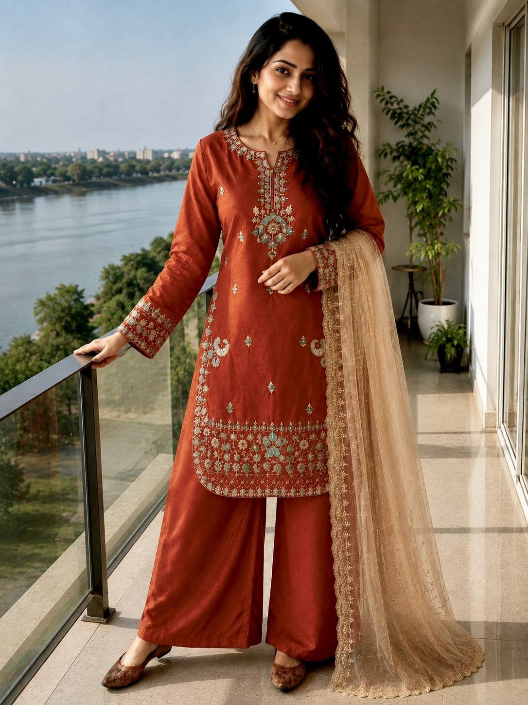 Women's Ready to Wear Premium GMY Silk Kurti Palazzo Dupatta Set with 5mm Sequin