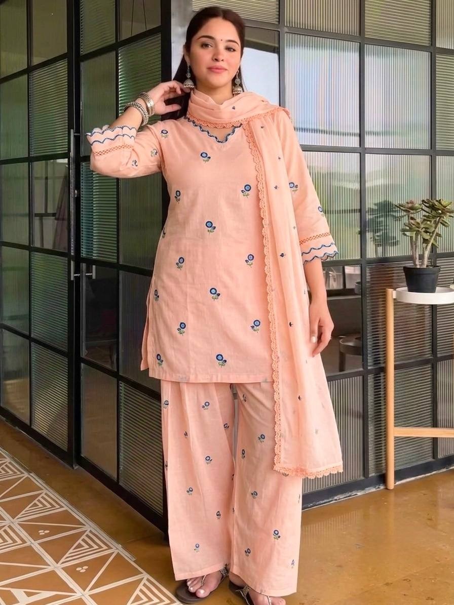 Women’s Readymade Satin Mul Chanderi Farshi Palazzo Suit with Embroidered Dupatt