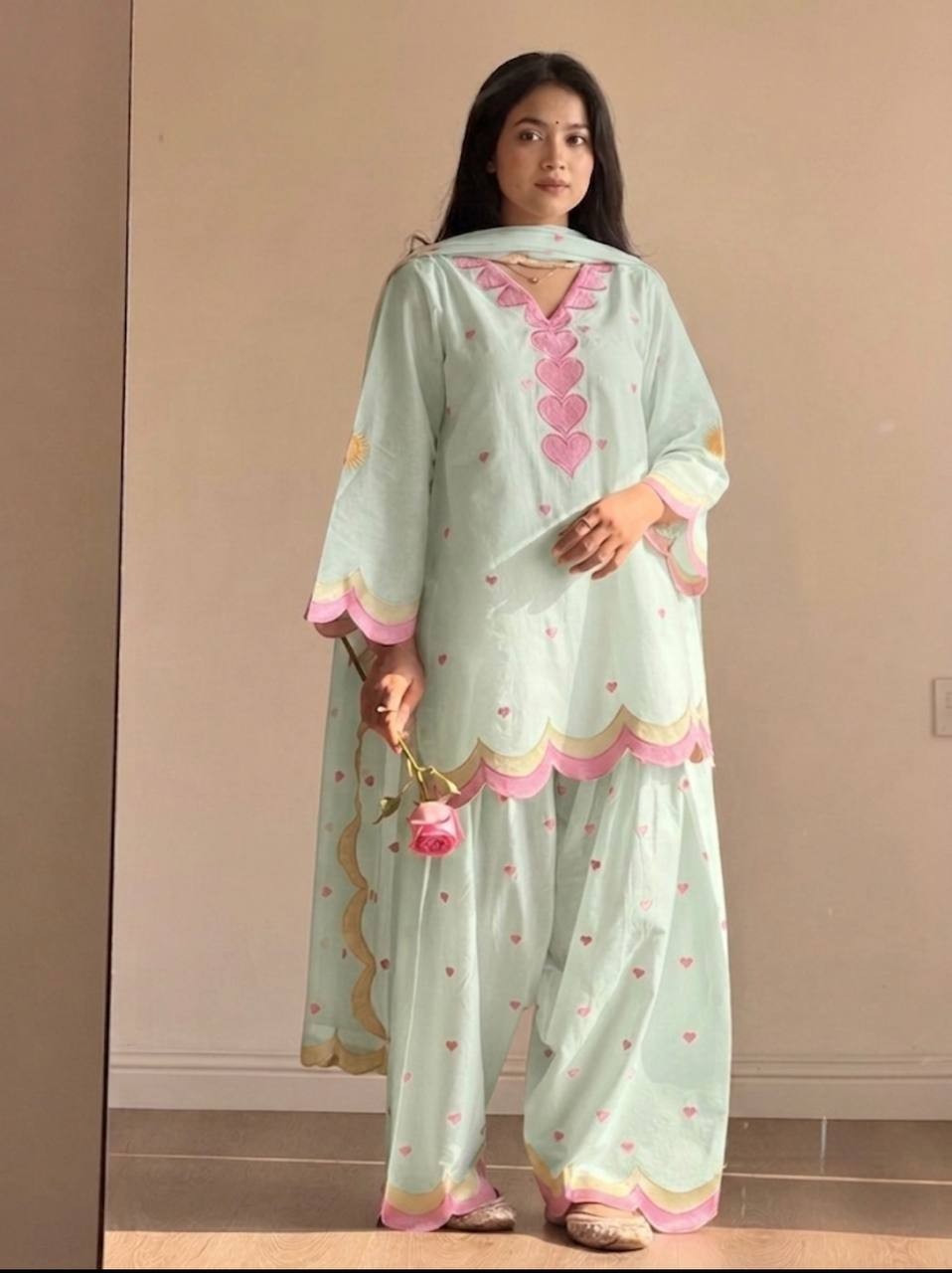 Women's Trendy Ready To Wear Mal Chanderi Cotton Top Farshi Salwar Dupatta Set w