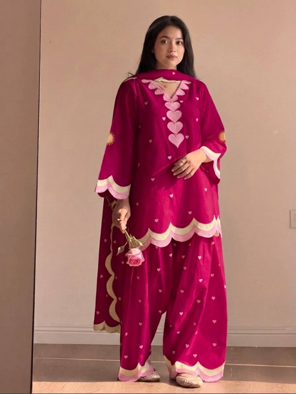 Women's Stylish Ready To Wear Mal Chanderi Cotton Top Farshi Salwar Dupatta Set