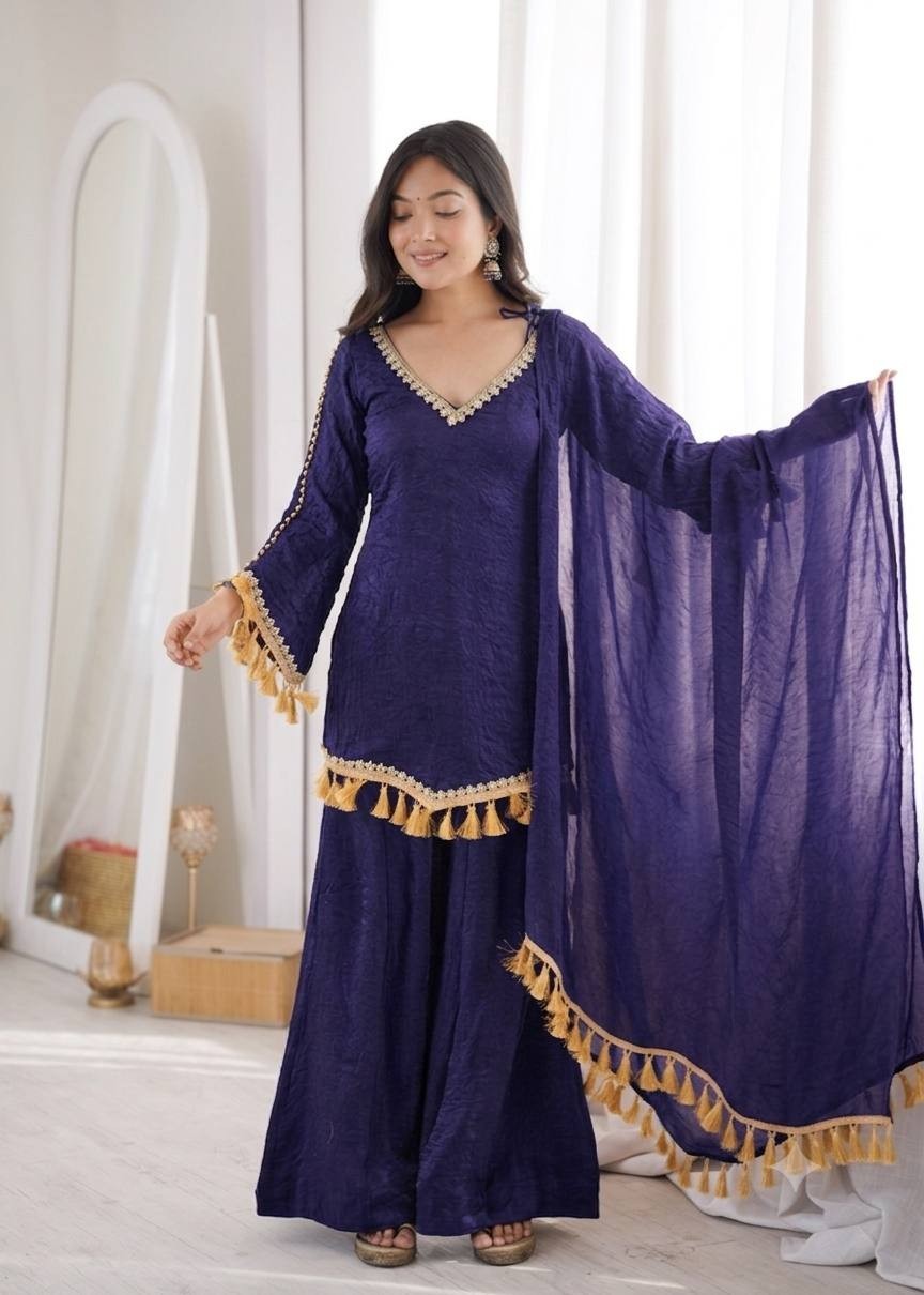 Collection Pur Natural Crepe Readymade Multi Top Palazzo With Dupatta For Women