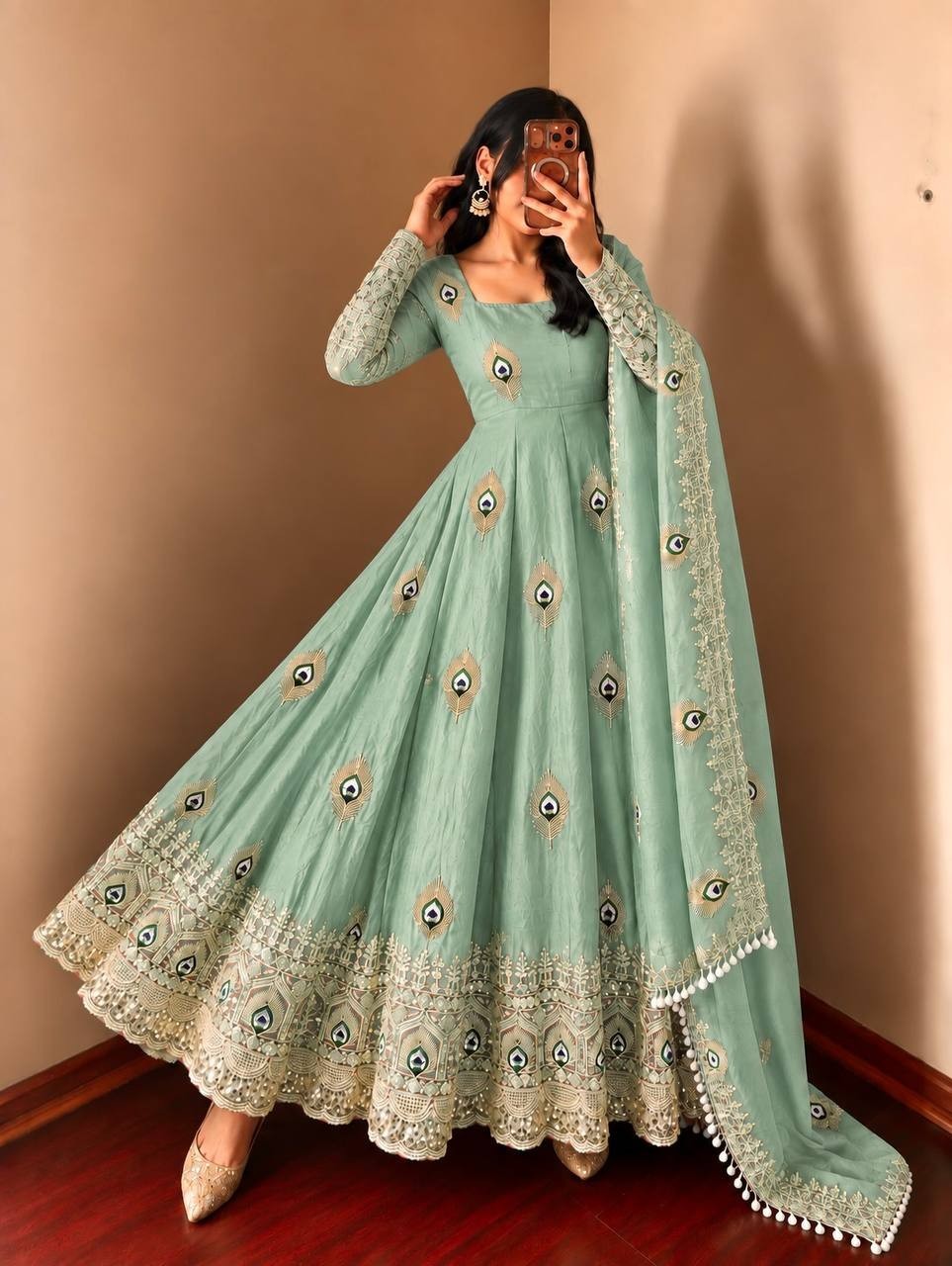 Women’s Sea Green Fendy Silk Gown Pant Dupatta Set Embroidered Ethnic Wear